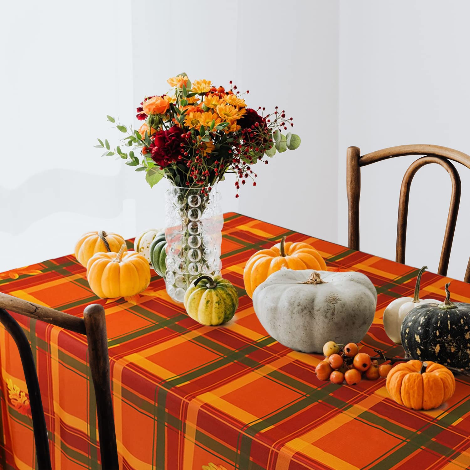 Premium 60 x 84 Inch Thanksgiving Tablecloth - Orange Plaid with Maple Leaves Design, Washable Rectangle Table Cover for Autumn Banquets, Dinner Parties & Kitchen Decor | Perfect for Thanksgiving, Fall Gatherings & Holiday Home Decorating