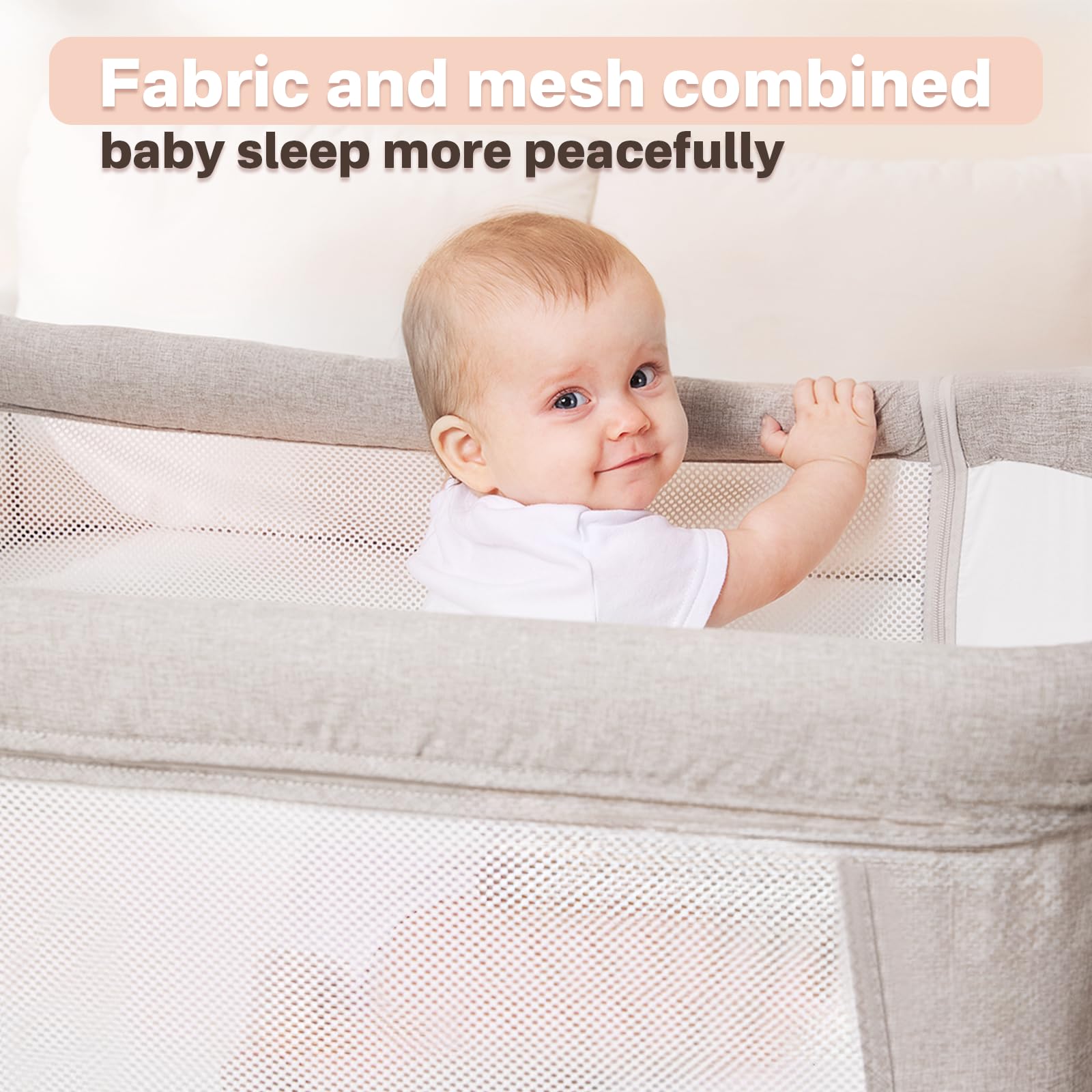 Portable Baby Bassinet with Waterproof Mattress Cover - Adjustable Height Bedside Crib with Wheels & Storage for Newborns (Warm Beige) | Perfect for Nursery, Bedroom & Travel Use