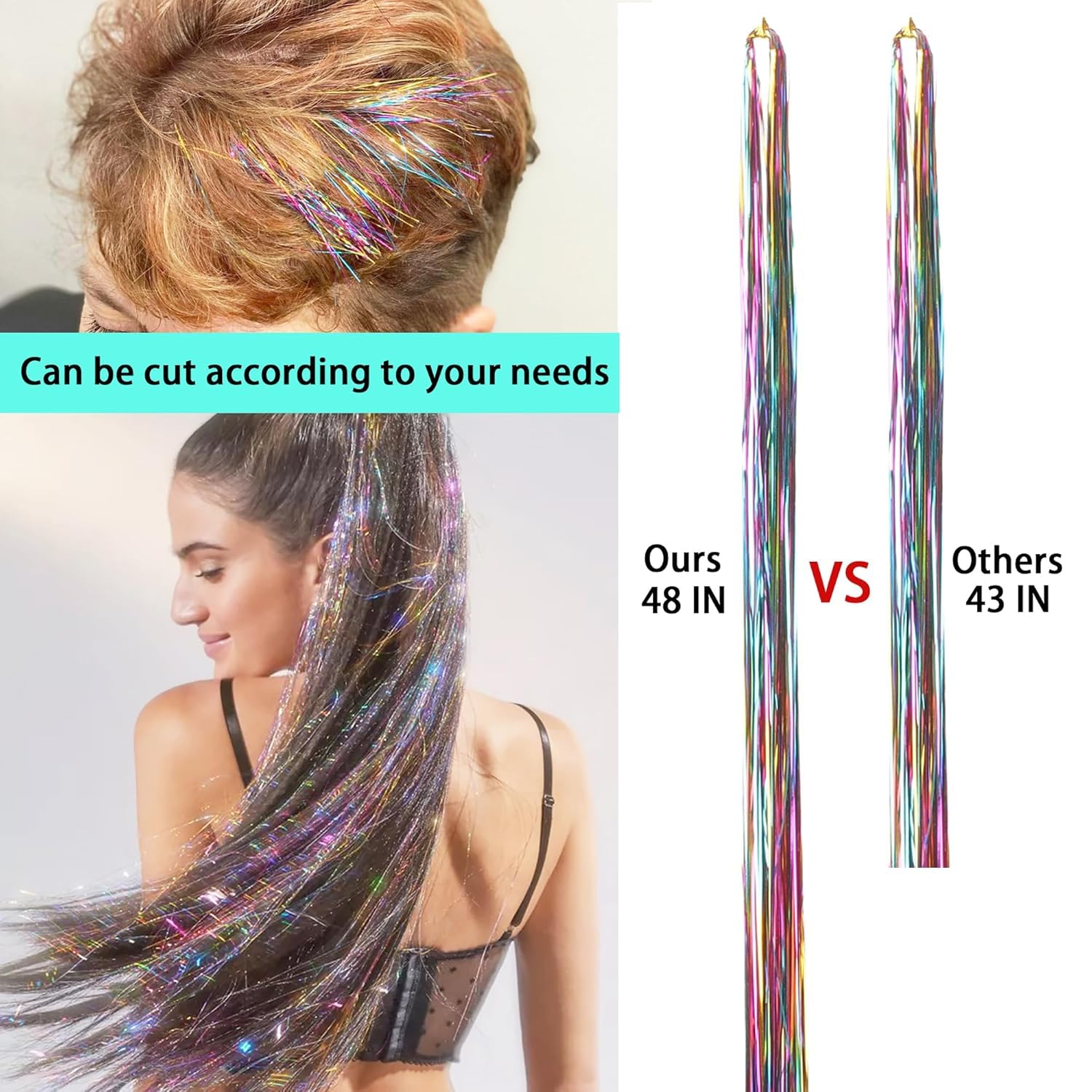 Premium Hair Tinsel Kit - 200 Strands Heat-Resistant Glitter Hair Extensions with 4 U-Shape Snap Clips (Rainbow) | Sparkling Fairy Hair for Women, Girls & Kids | Perfect for Parties, Festivals & Special Occasions