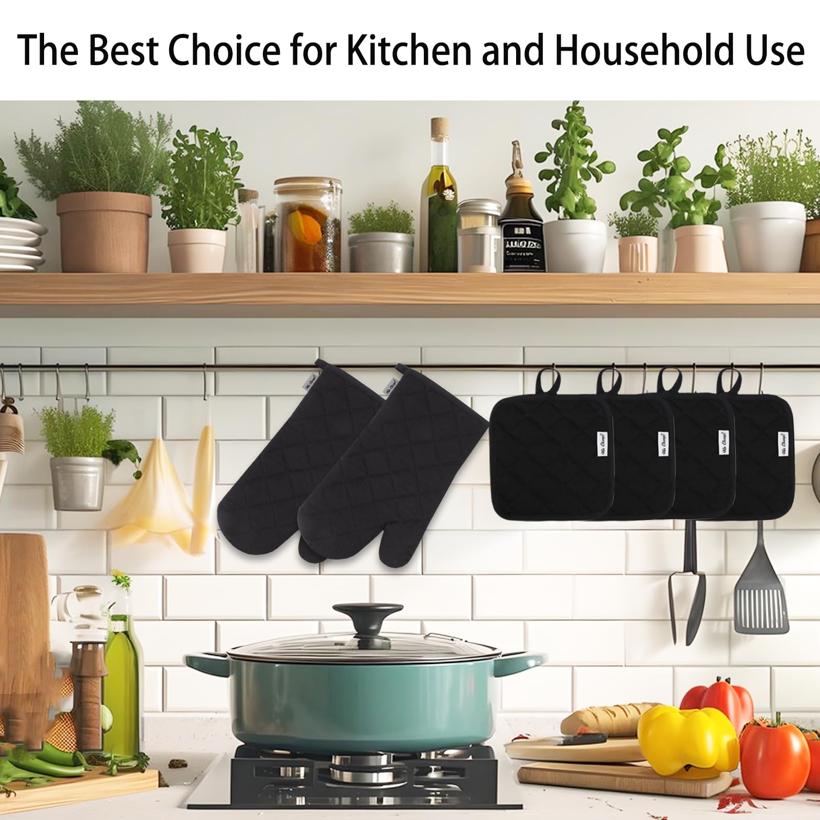 6-Piece High Heat Resistant Oven Mitts and Pot Holders Set - Extra Thick Long Oven Gloves with Recycled Cotton for Baking, Grilling & Cooking (Black) - Perfect for Kitchen, BBQ & Holiday Cooking