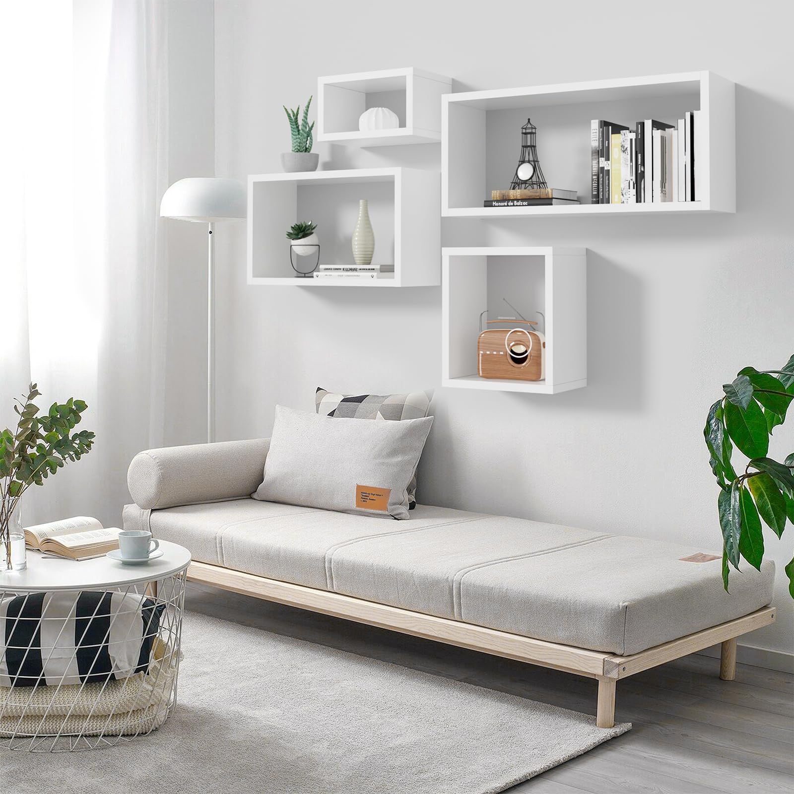 Kaboon Floating Wall Mount Shelf Set of 4 - White Large Cube Shelves for Home & Office Decor | Perfect for Living Room, Bedroom, Kitchen & Commercial Spaces