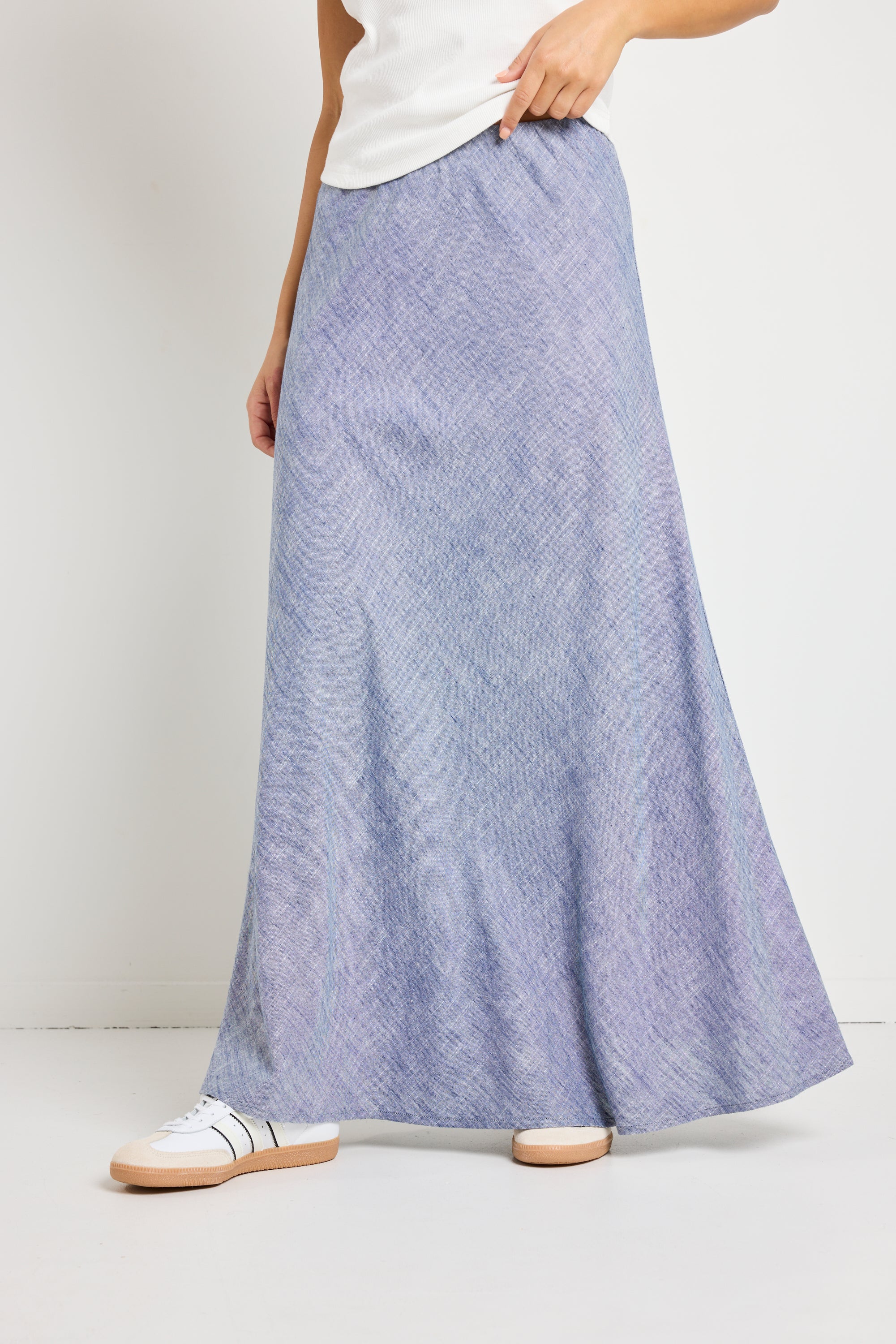 Lagos Chambray Blue Linen Blend Bias Cut Maxi Skirt - Women's Summer Beach Dressy Casual Skirt for Vacation, Date Night & Outdoor Events