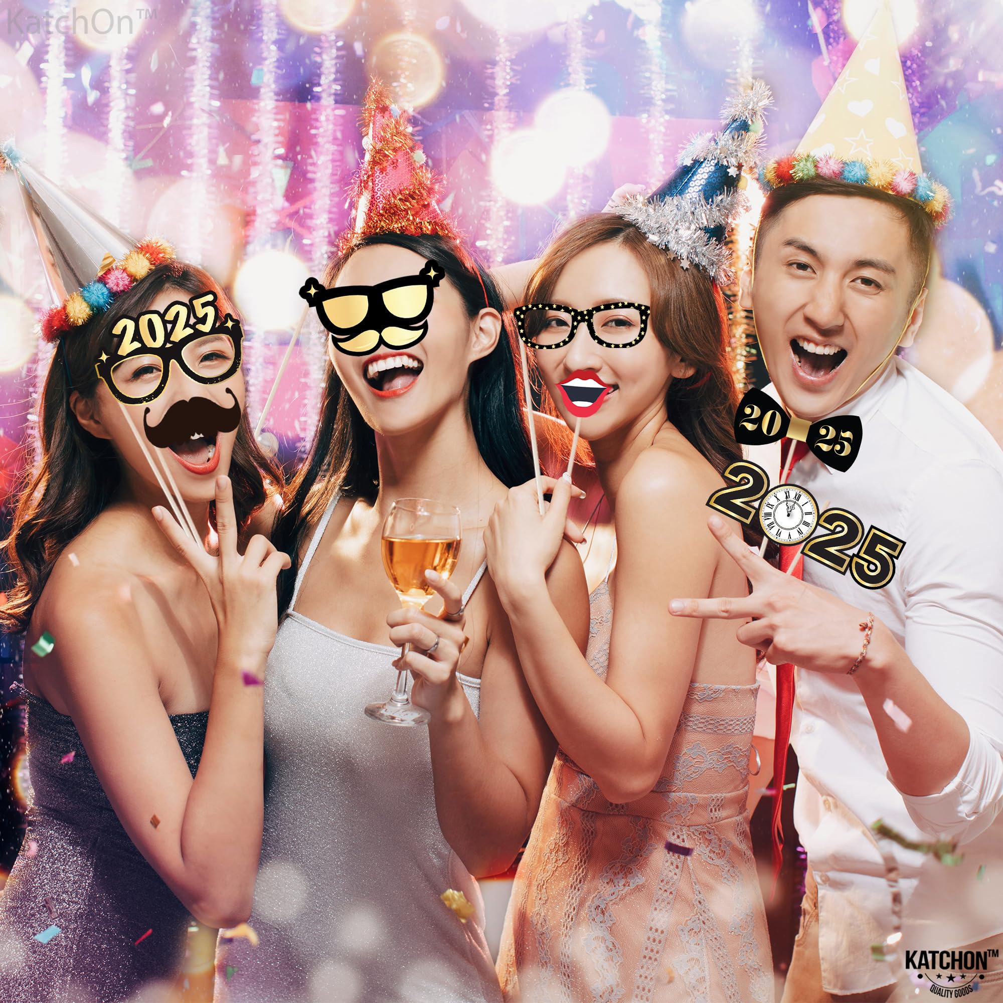 KatchOn 2025 New Year's Eve Photo Booth Props Kit - 35-Piece Set for NYE Party Decorations & Supplies | Fun New Year's Photo Accessories for 2025 Celebrations | Perfect for Countdown Parties, Family Gatherings & Social Media Photos