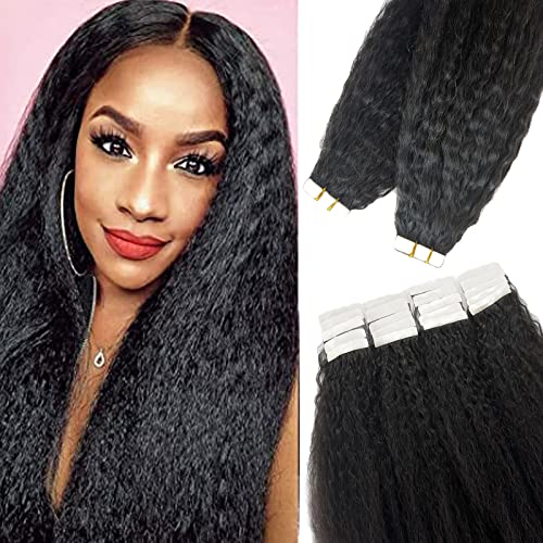 18 Inch Kinky Straight Tape-In Human Hair Extensions - 20 Pieces 50G Natural Black Remy Hair for Black Women | Invisible & Seamless | Perfect for Daily Wear, Styling, and Special Occasions