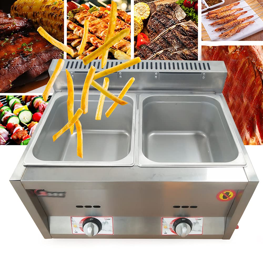 LOYALHEARTDY Commercial 12L/3 Gal 2 Well Stainless Steel Deep Fryer - Natural Gas/Propane Fryer, Food Warmer & Steamer Heater for Restaurants, Food Trucks & Catering Businesses