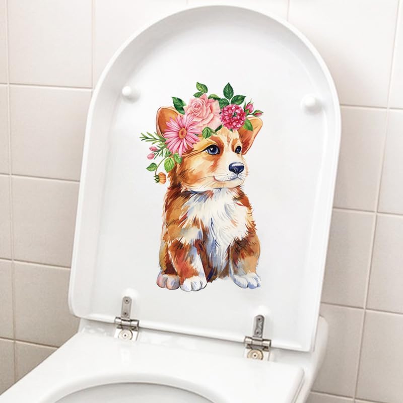 Dog Flower Wreath Toilet Lid Stickers - Waterproof Self-Adhesive Bathroom Decals for Pet Lovers | Perfect for Toilet Tank, Seat & Wall Decor in Dog-Themed Bathrooms