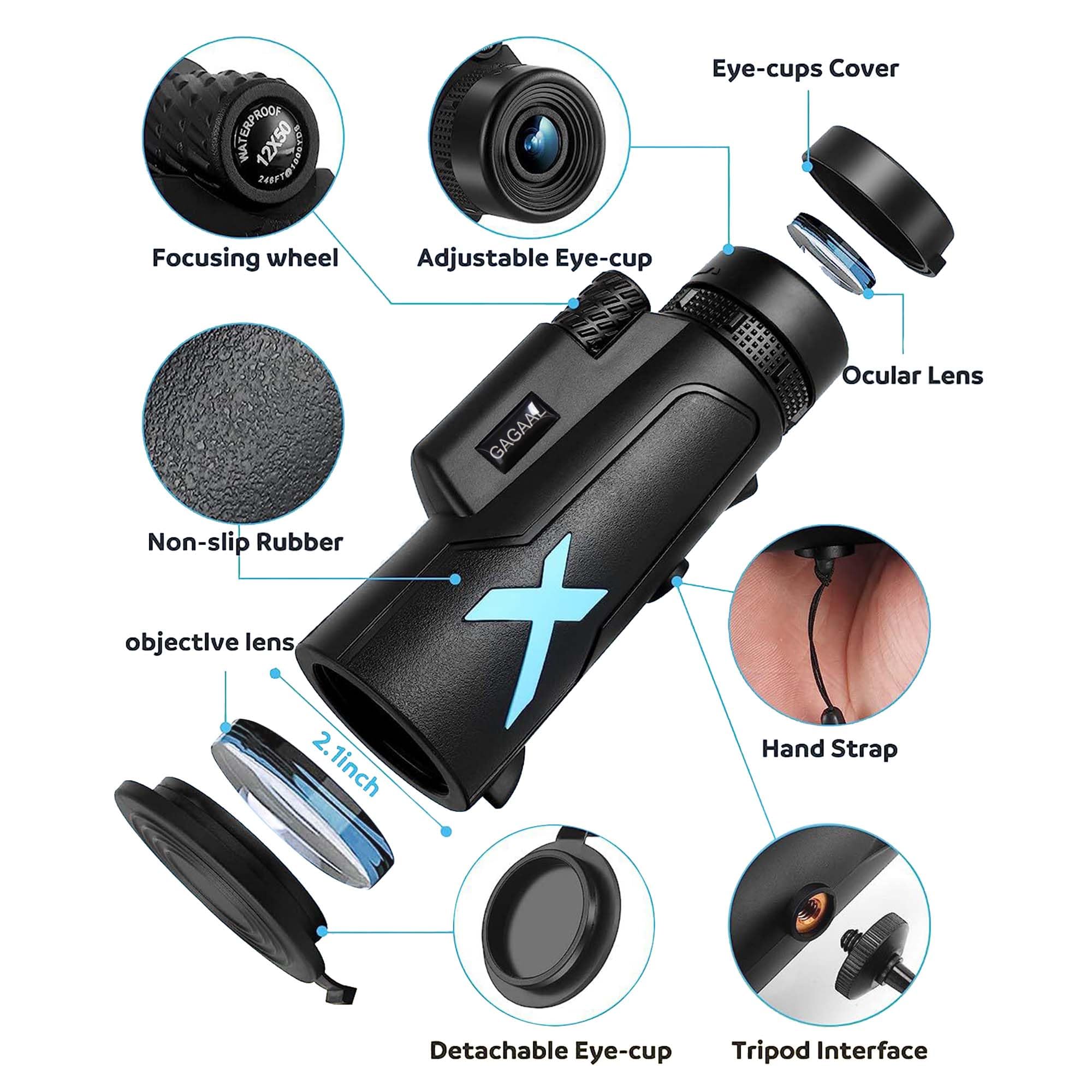 12X50 High Power Monocular Telescope with Smartphone Adapter & Tripod - Compact & Lightweight for Bird Watching, Hunting, Hiking, Camping, Travel and Outdoor Adventures
