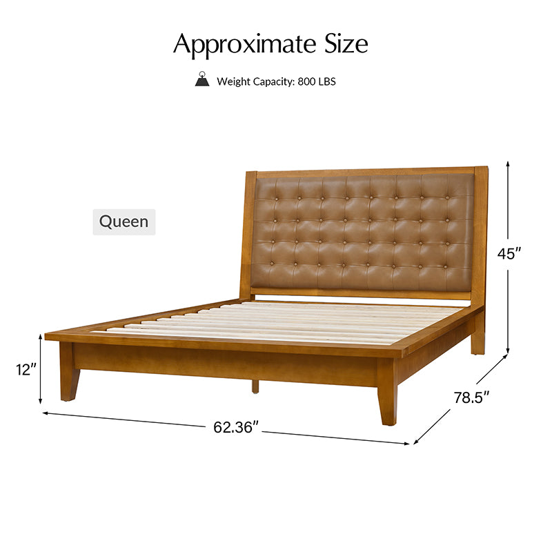 Genuine Leather & Solid Wood Platform Bed with USB Charging Ports - Modern King/Queen Size Bed Frame for Bedroom, Guest Room, or Dorm