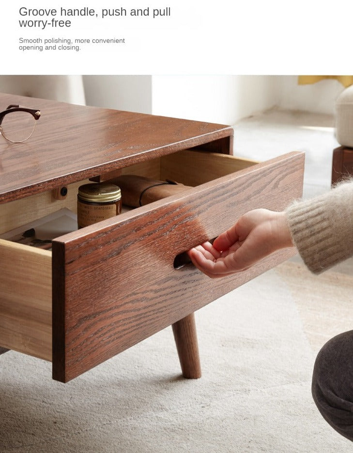 Solid Oak Wood Two-Drawer Coffee Table - Walnut Finish | Rustic Living Room Furniture for Home Decor & Storage