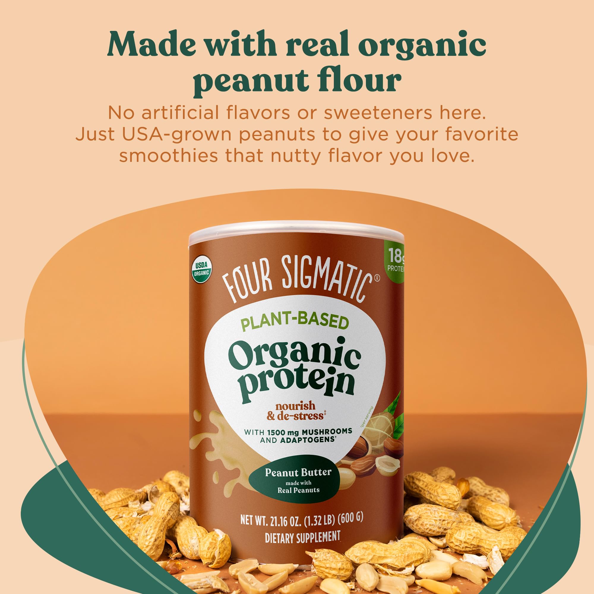 Four Sigmatic Organic Plant-Based Protein Powder - Peanut Butter Flavor with Lion’s Mane, Chaga & Cordyceps | Vegan Protein for Brain Function & Immune Support | 21.16 oz | Perfect for Post-Workout Recovery & Healthy Smoothies