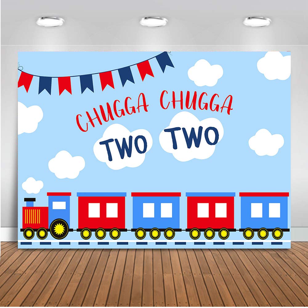 Chugga Chugga Two Two! Blue Sky & White Clouds Train Themed 2nd Birthday Backdrop (7x5ft) - Perfect for Boy's Second Birthday Party Decorations, Baby Showers & Photo Booths