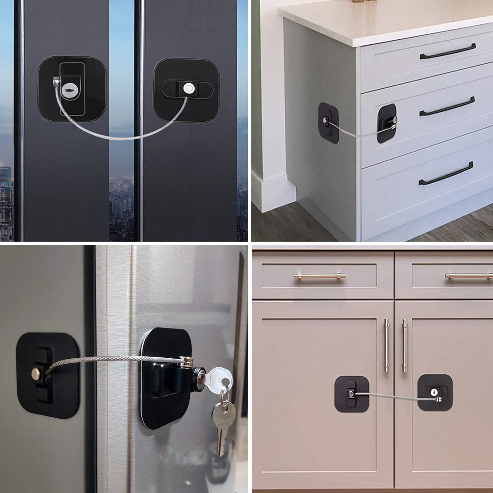 Child Proof Refrigerator Lock with Key - 2 Pack Fridge & Freezer Safety Locks for Cabinets, Drawers, Ovens, Air Fryers & Windows - Secure Black Home Locks with 4 Keys - Perfect for Baby Proofing & Pet Safety in Kitchen & Nursery
