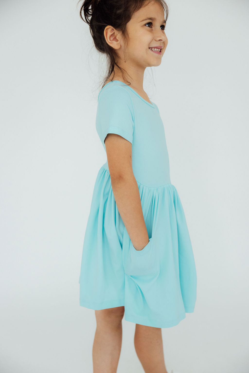 Aqua Short Sleeve Pocket Twirl Dress for Women - Flowy Summer Dress with Pockets for Casual Outings, Beach Vacations, and Date Nights