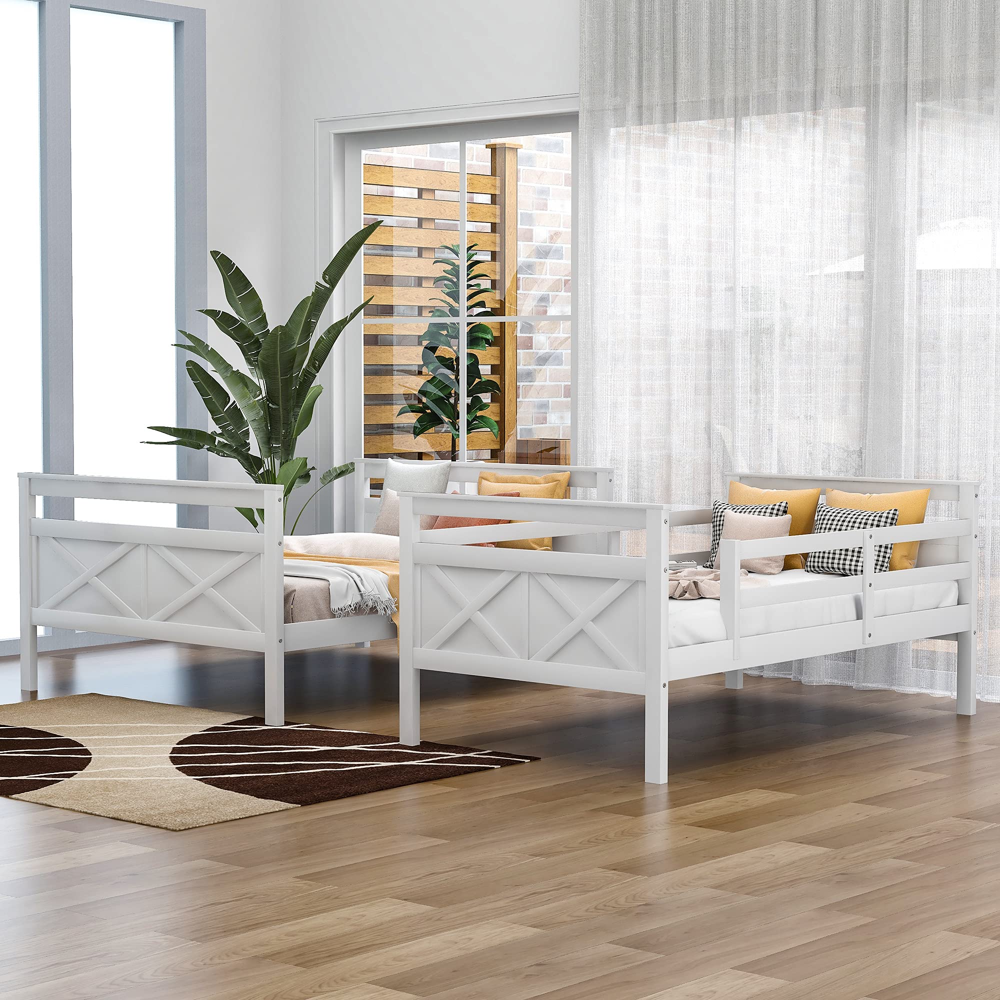 Bellemave Twin Over Full Bunk Bed - Solid Wood Bunk Bed Frame with Ladder & Safety Guardrail for Kids, Teens & Adults - White | Perfect for Small Bedrooms, Guest Rooms & Vacation Homes