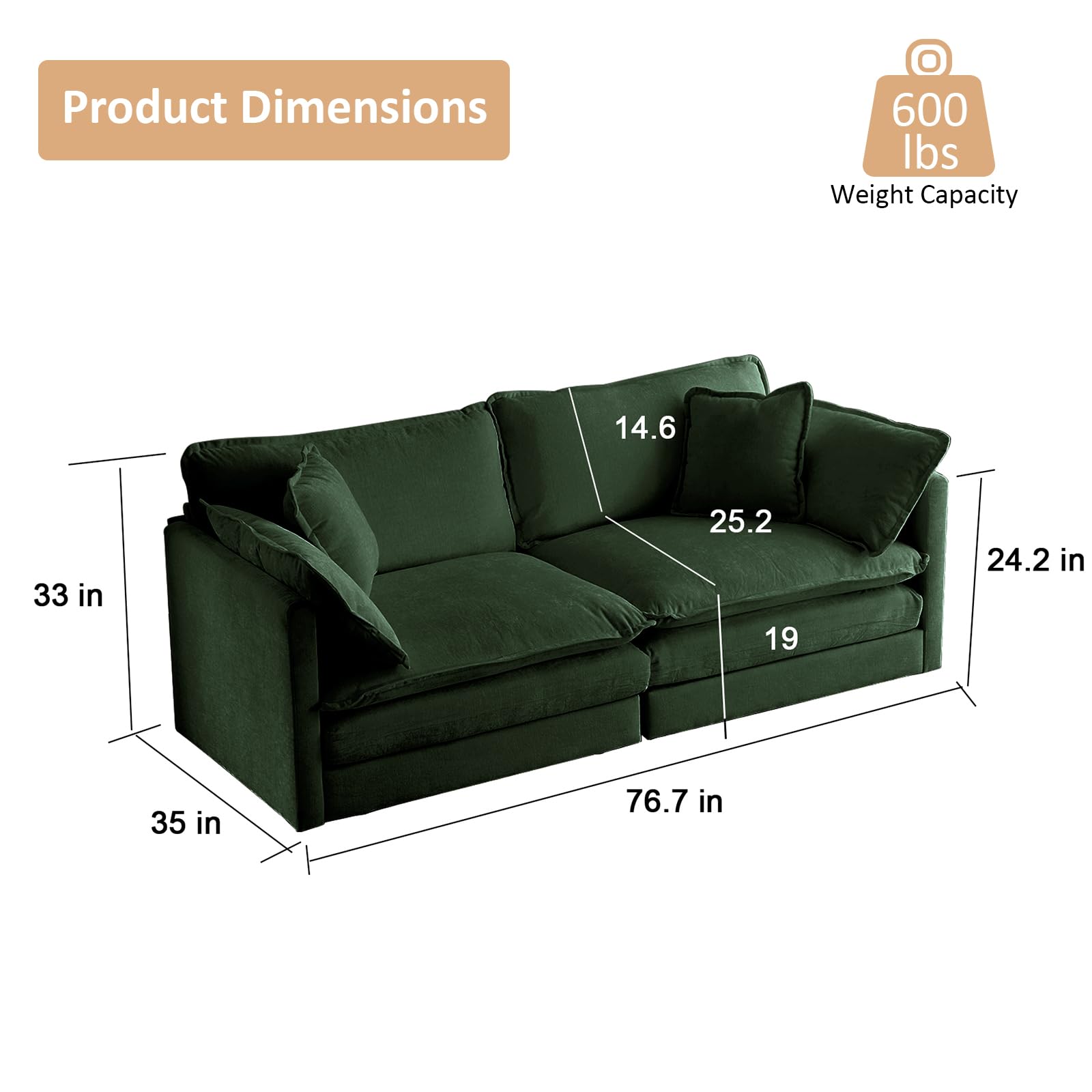 KIVENJAJA Oversized Chenille Loveseat Sofa - 76.7