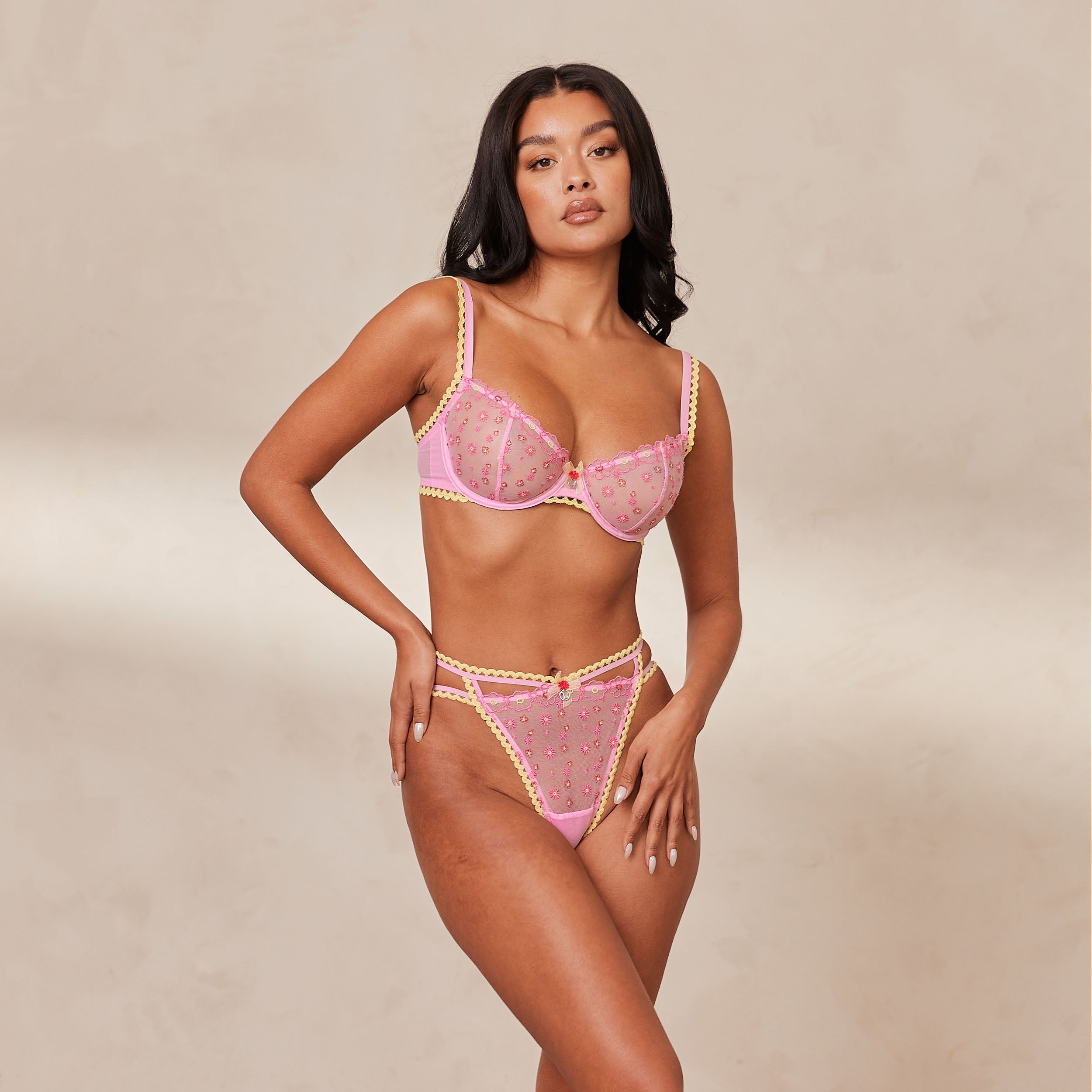 Daisy Embroidered Balcony Bra for Women - Soft Pink Lace Underwire Push Up Bra - Perfect for Everyday Wear, Date Night & Special Occasions