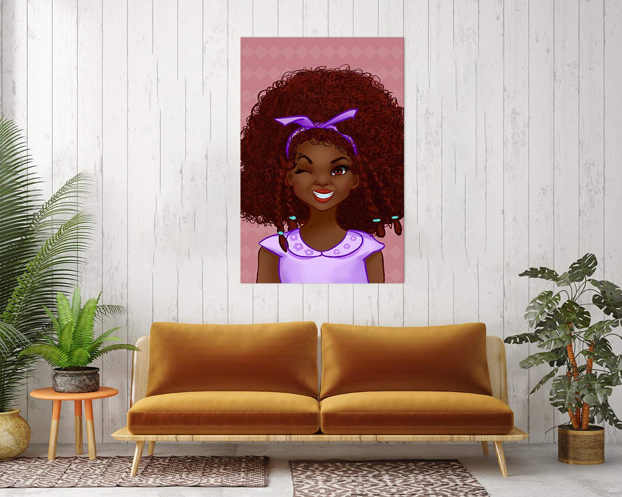 African American Kids Wall Art - Large 1 Panel Black Girl Pink & Grey Painting - Framed Ready to Hang Wall Decor for Living Room & Girls Bedroom - Unique Hippie Style Gift for Home & Office Decor