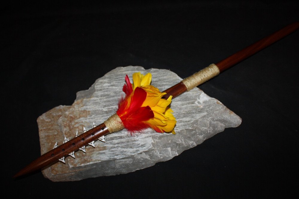 Tikimaster 32-Inch Koa Wood Spear with 10 Shark Teeth & Red/Yellow Feathers - Hawaiian Tribal Weapon for Cosplay, Home Decor, and Cultural Displays