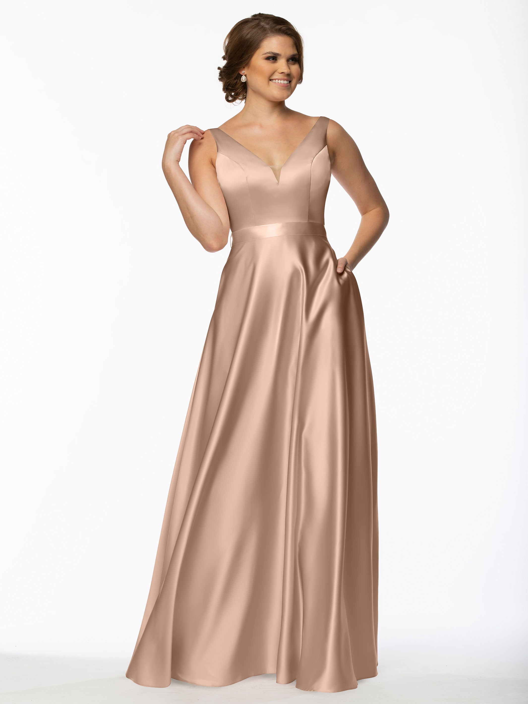 Elegant 80118 Satin A-Line Bridesmaid Dress with V-Neck & Waist Sash - Perfect for Weddings, Formal Events & Special Occasions