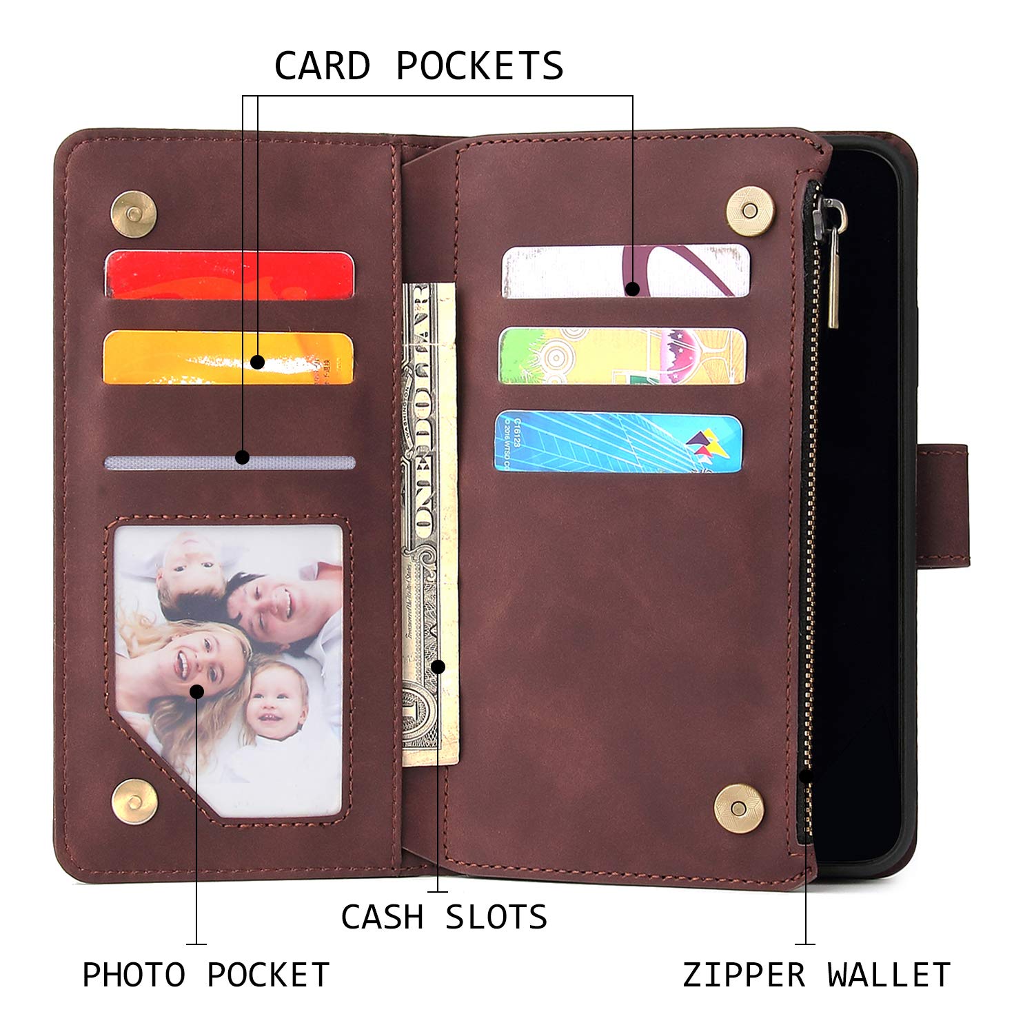 Premium PU Leather Wallet Case for Samsung Galaxy S8 - Magnetic Closure, Zipper Pocket, Kickstand & Card Slots with Hand Strap | Stylish Flip Phone Case for Women (Coffee) | Perfect for Daily Use, Travel & Business Meetings