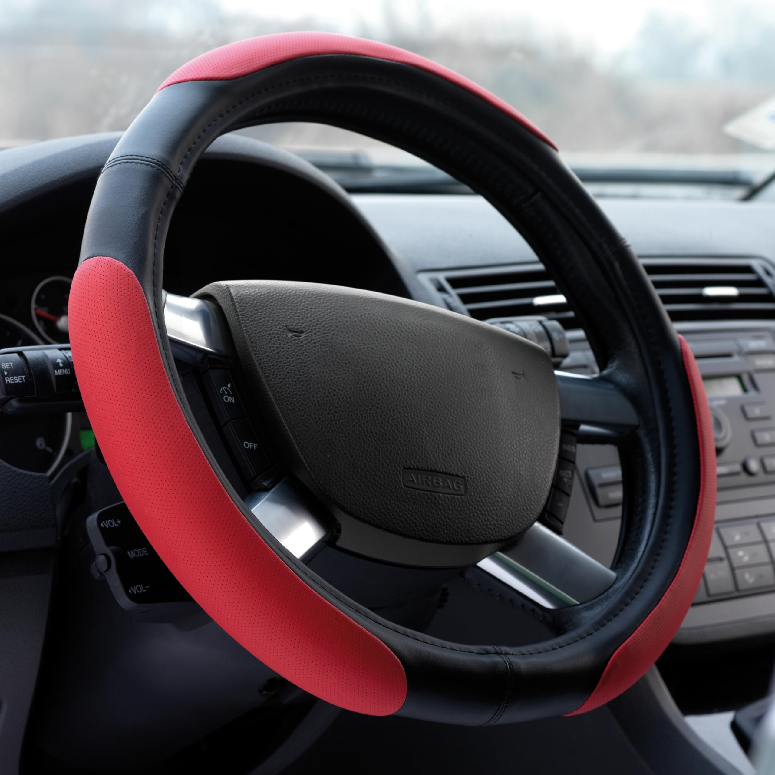 Premium 16288 Car Steering Wheel Cover - Odorless Material, Red, 37-39 cm Diameter - Non-Slip Grip for Comfort & Safety - Perfect for Daily Commute, Road Trips & Winter Driving