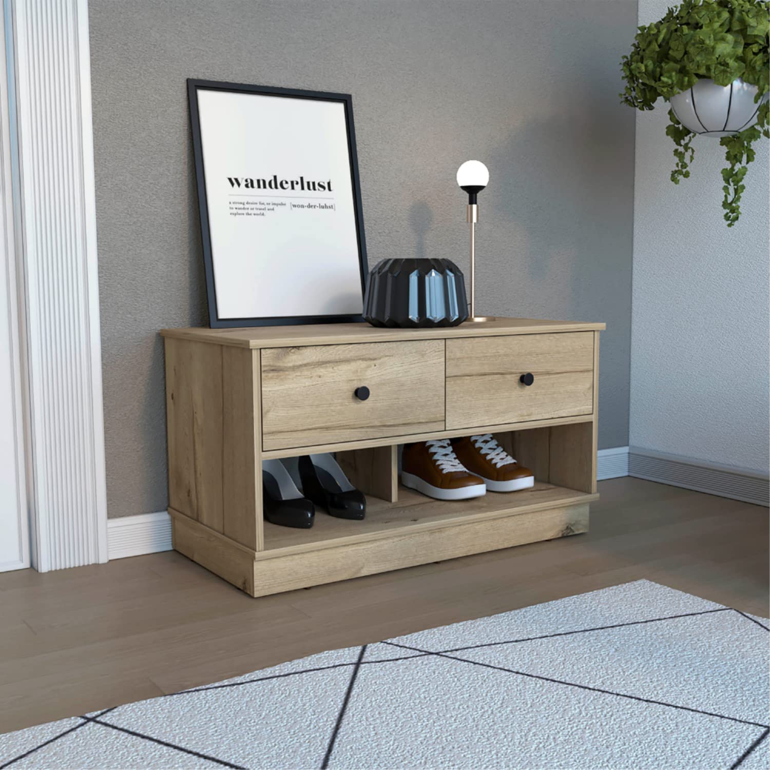 Uranus Storage Bench with 2 Drawers & 2 Open Shelves - Light Oak Wooden Entryway Bench for Hallway, Bedroom, or Living Room Organization