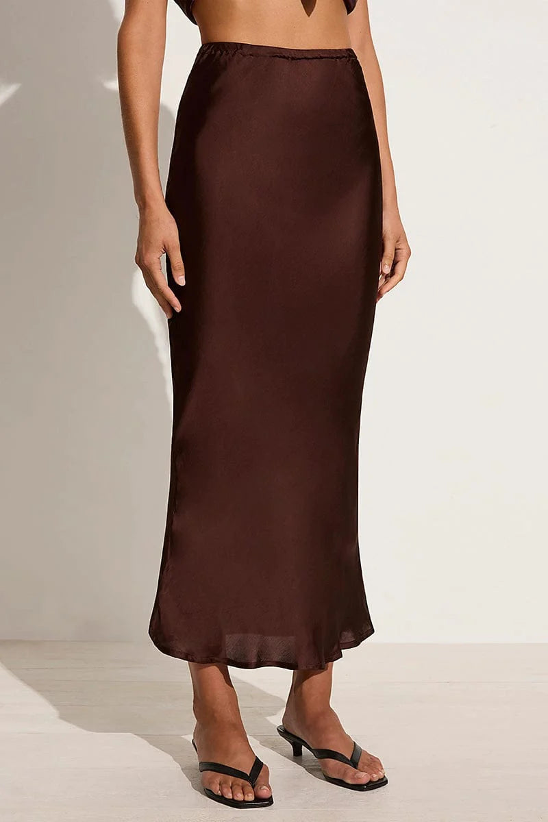 Ancora Women's Dark Truffle Midi Skirt - Elegant A-Line Flowy Skirt for Work, Office & Casual Wear