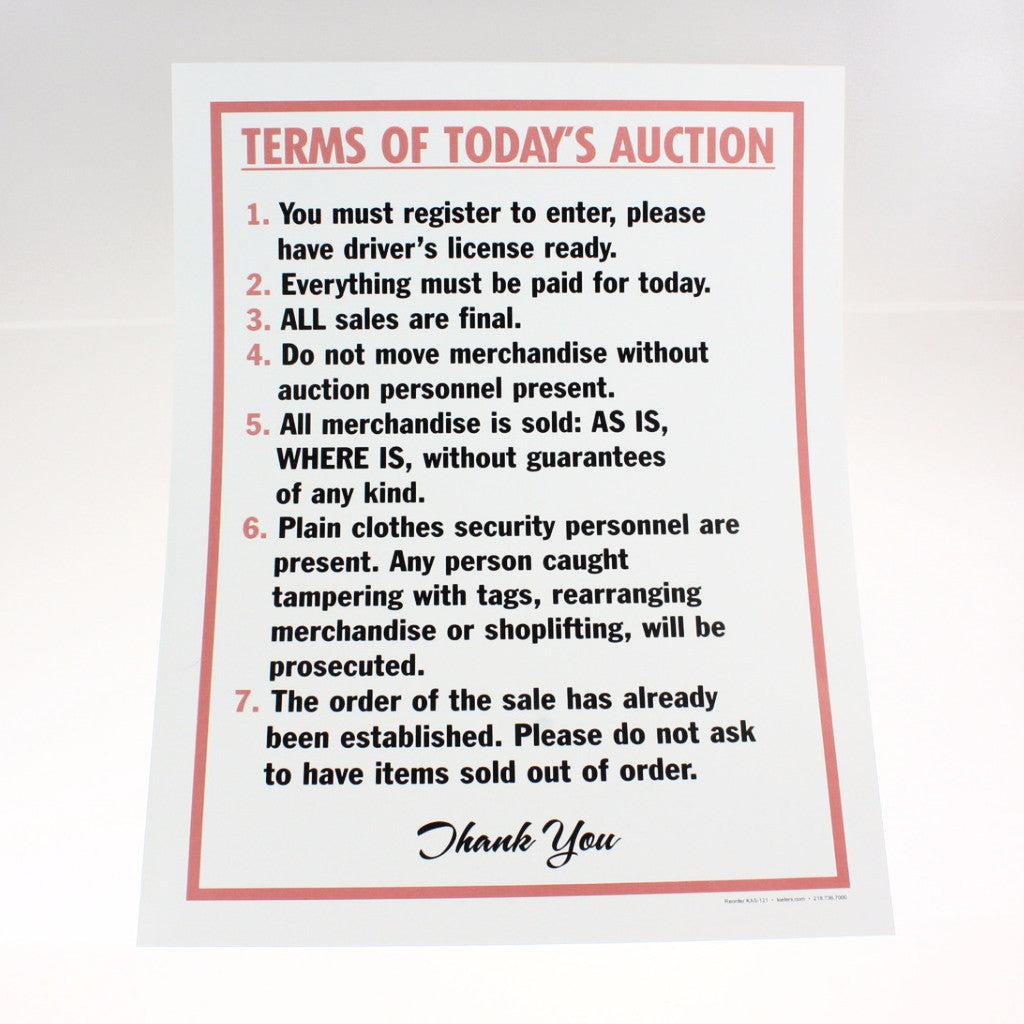 12 x 18 Laminated Sign - Durable Weatherproof Auction Terms Sign for Today's Event - Perfect for Auctions, Garage Sales & Public Notices