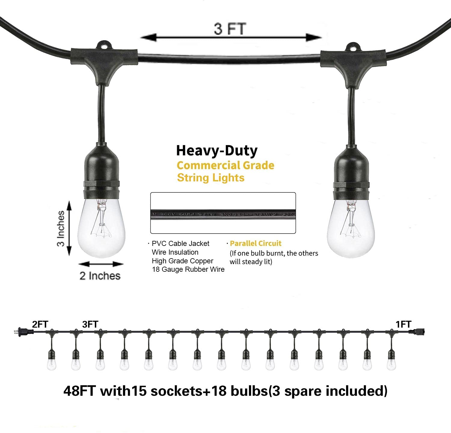 SUNTHIN 2 Pack 48FT Outdoor String Lights - Commercial Grade Waterproof Hanging Patio Lights with Dimmable Connectable Edison Bulbs for Bistro, Party, Holiday, Wedding, Garden & Backyard Decor | Perfect for Outdoor Dining, Patio Lighting & Special Events