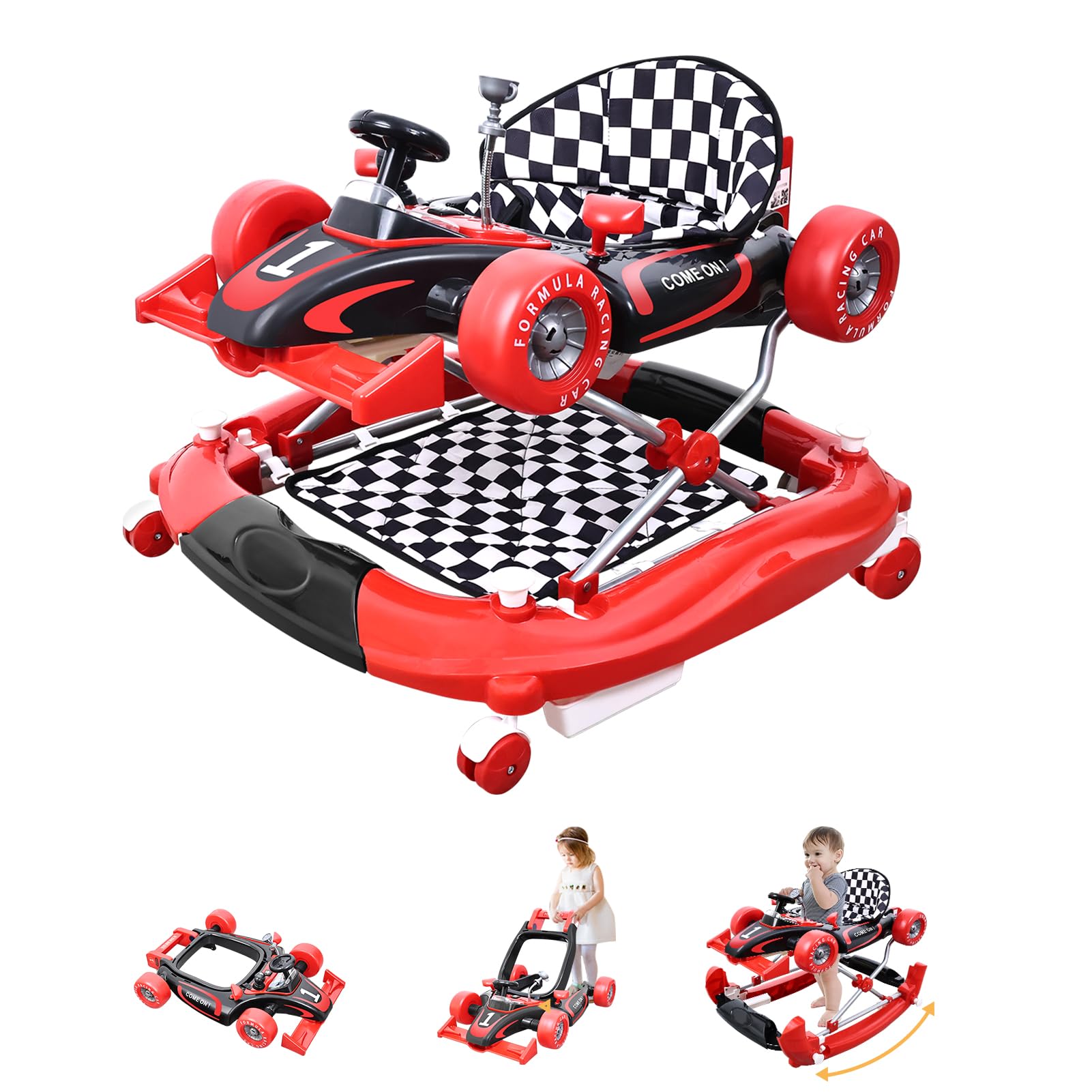 Baby Walker with Wheels & Activity Center - Anti-Rollover Design, Adjustable Height (4 Levels), Foldable & Comfortable Seat with Footrest | Includes Steering Wheel, Music & Lights for Boys & Girls 6-18 Months | Perfect for Learning to Walk & Indoor Playtime