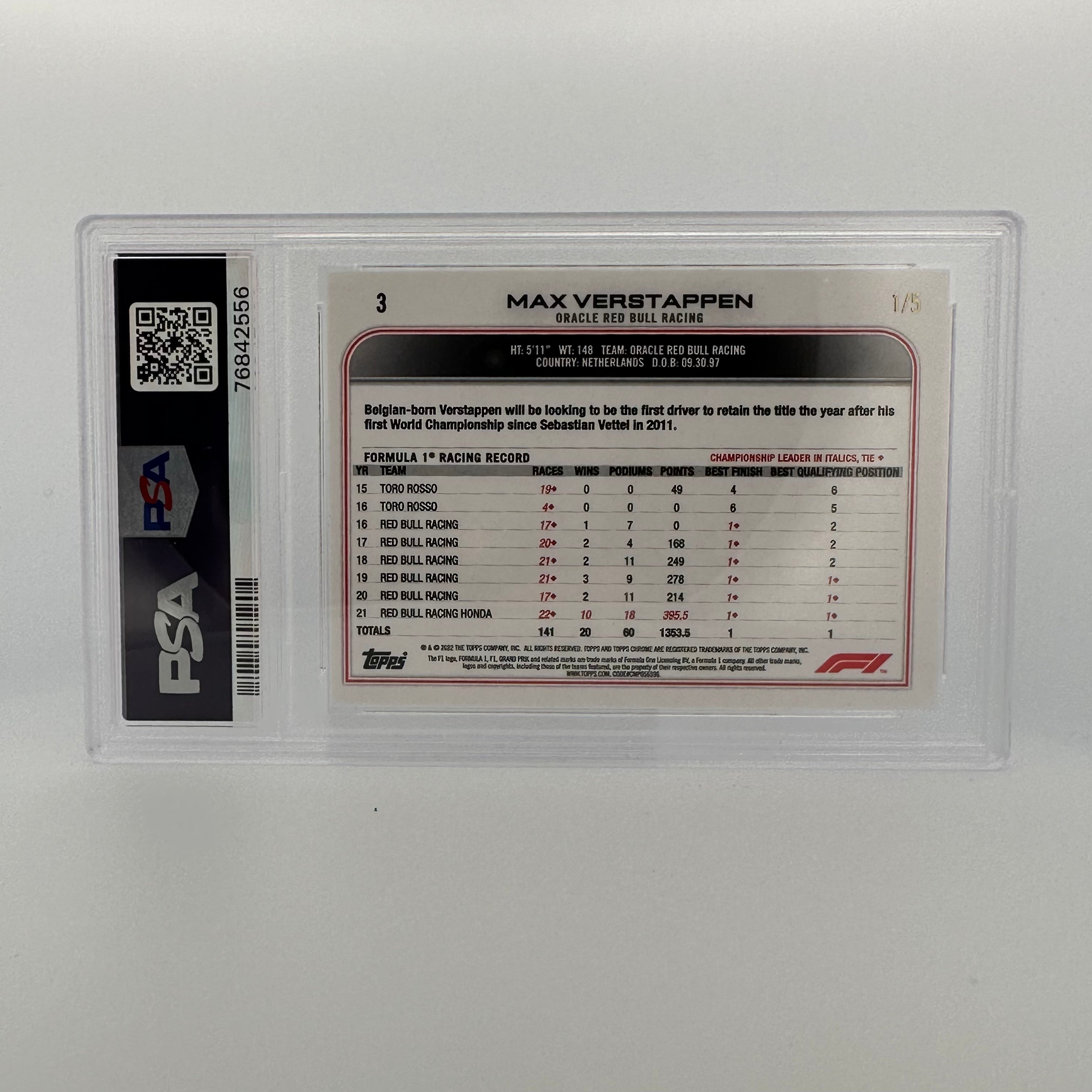 PSA 10 1/5 MAX VERSTAPPEN #3 Red Checker Flag Refractor - Rare F1 Racing Card for Collectors & Fans, Perfect for Display & Investment