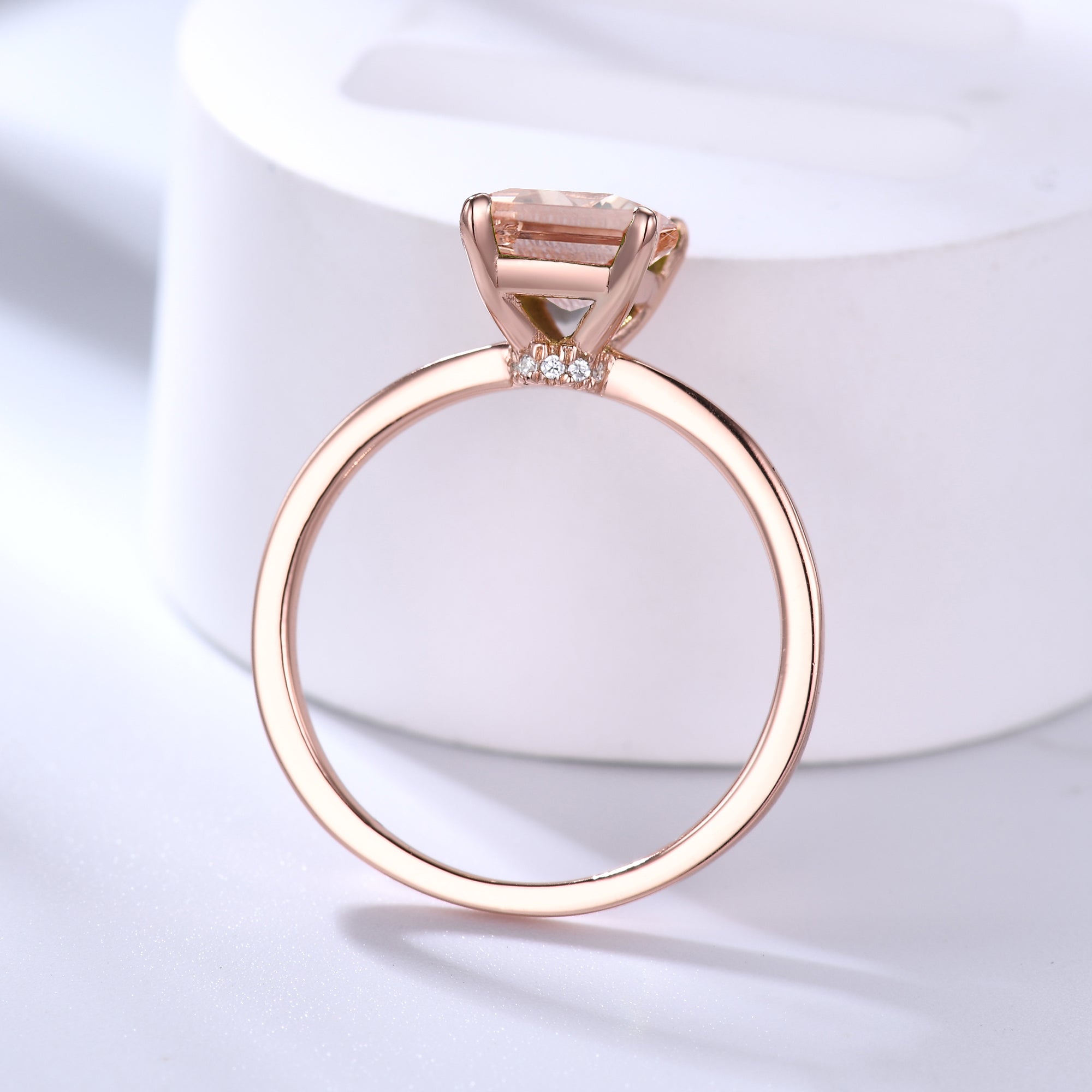 6x8mm Emerald Cut Morganite Solitaire Engagement Ring with Diamond Hidden Halo - Perfect for Proposals, Anniversaries & Bridal Jewelry