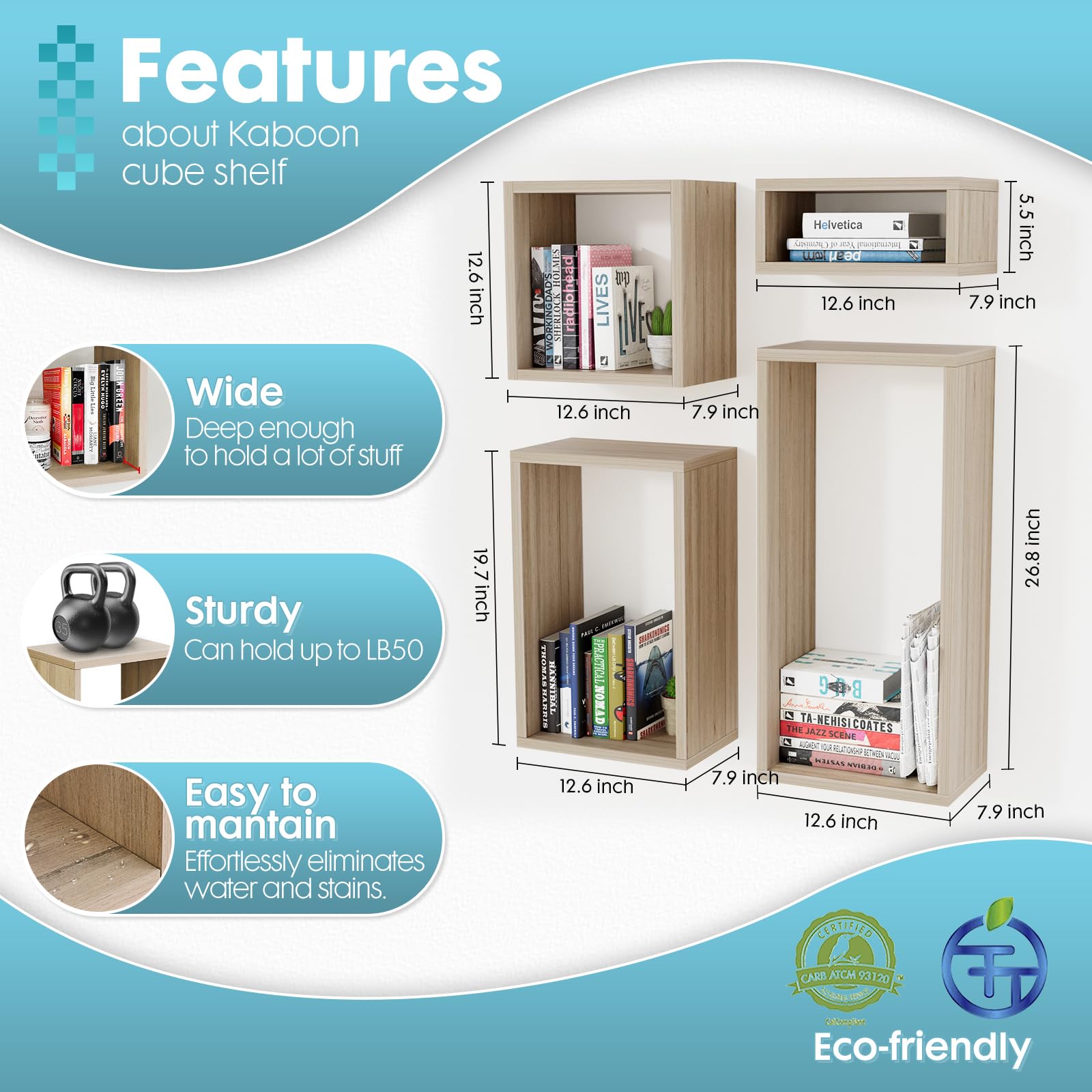Kaboon Wall Mount Shelf Set of 4 - Floating Cube Shelves for Home & Office Decor - Large Size Oak Wood Shelving Unit - Perfect for Living Room, Bedroom, Kitchen & Commercial Spaces