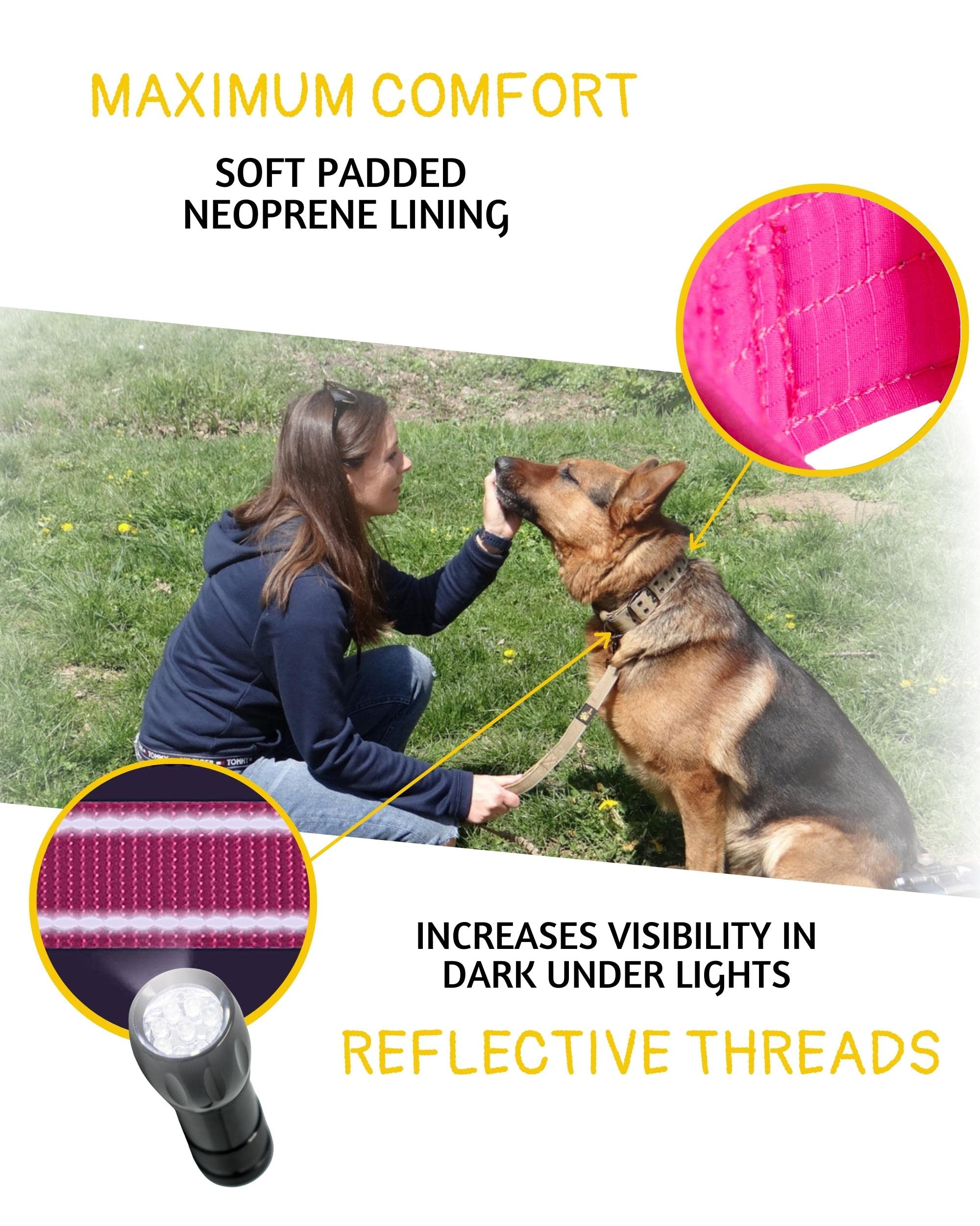 ADITYNA Heavy Duty Reflective Pink Dog Collar with Handle - Wide Neoprene Padded Tactical Collar for Large Female Dogs - Durable Comfortable Pet Accessories for Walking, Training, Hiking & Outdoor Adventures - Perfect for Night Safety and Active Lifestyles