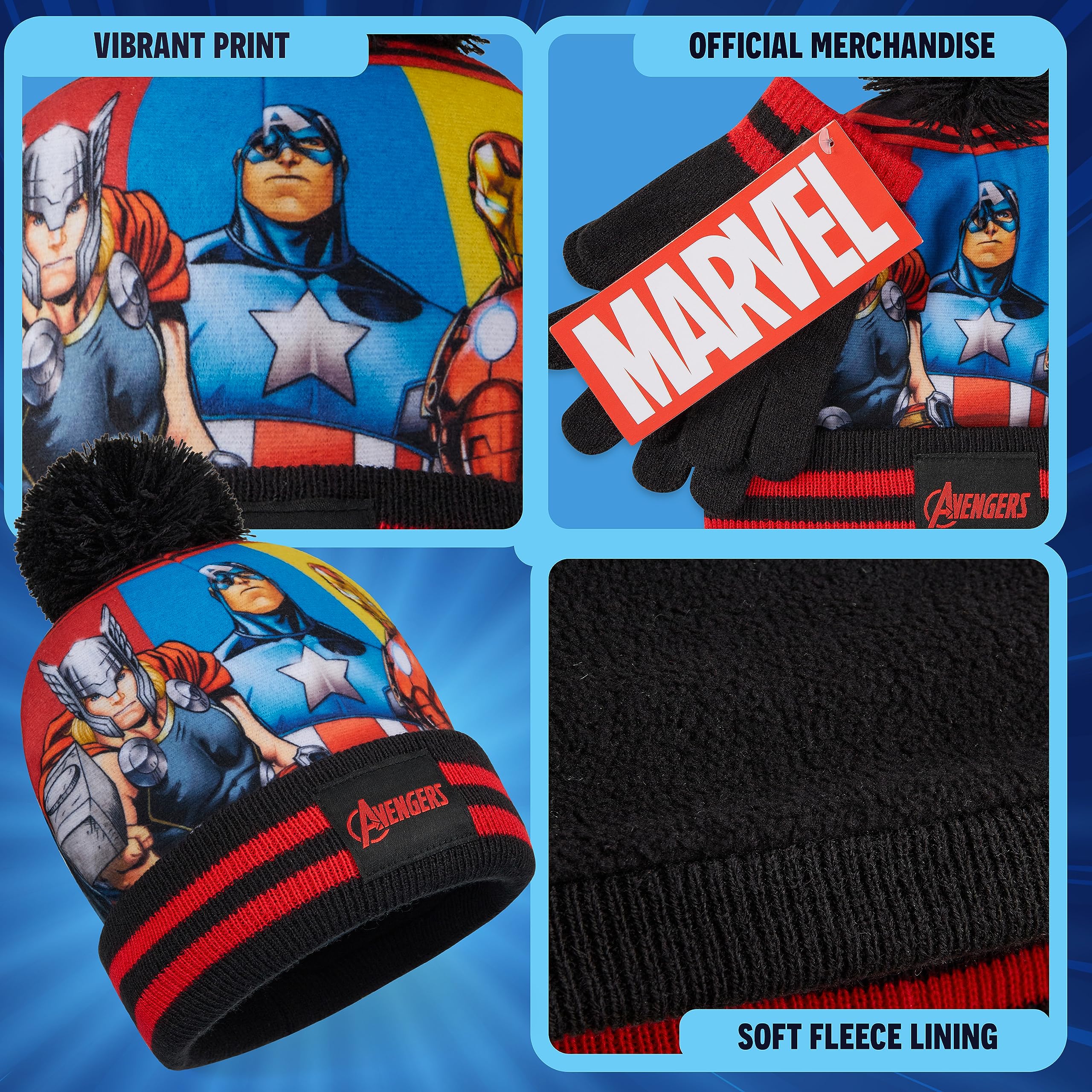 Marvel Avengers Boys Winter Hat and Gloves Set - Warm Beanie & Cold Weather Accessories for Kids - Perfect for Snow Play, Outdoor Activities & Superhero Gifts
