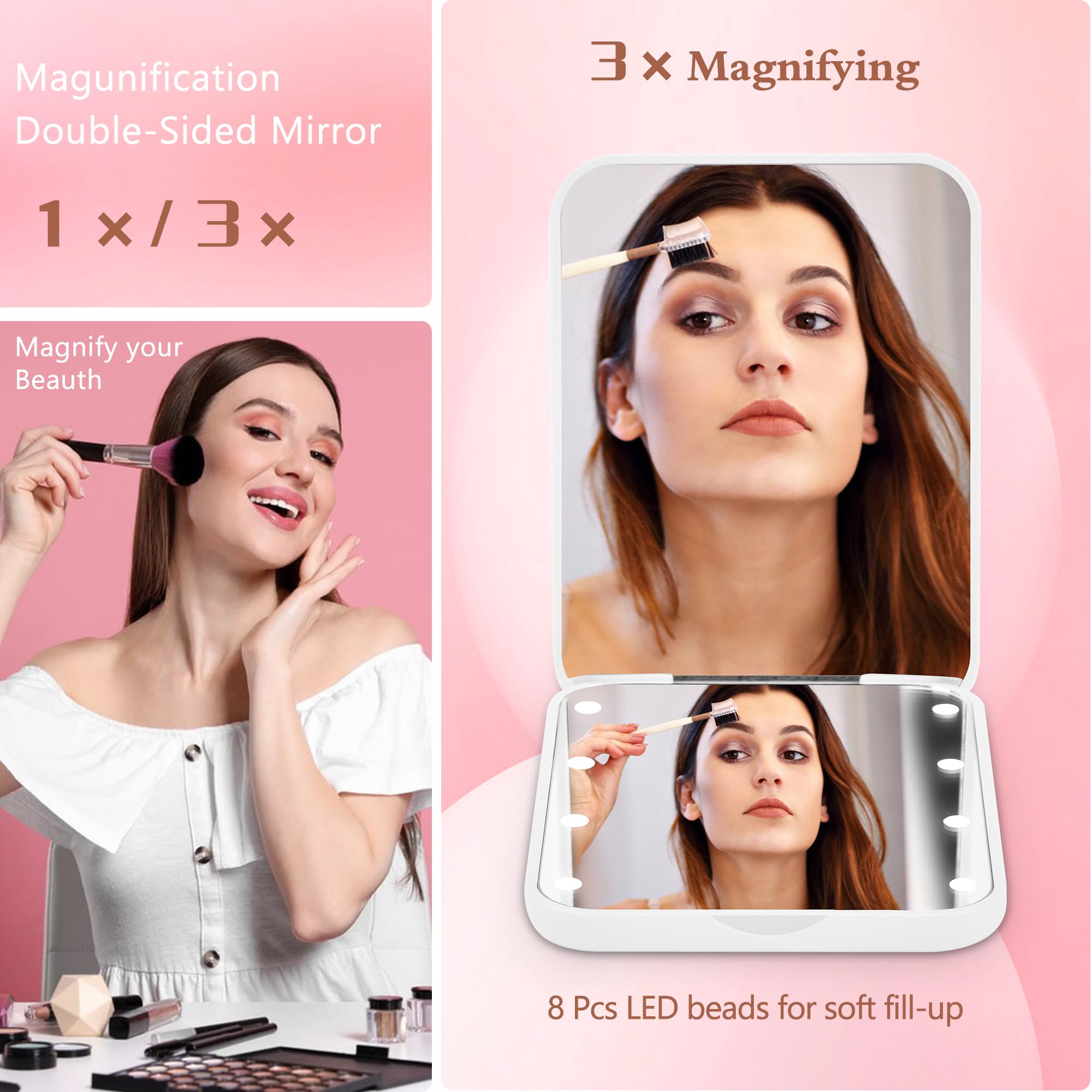 Personalized LED Compact Mirror with Light - 1X/3X Magnifying Travel Mirror for Makeup & Purse