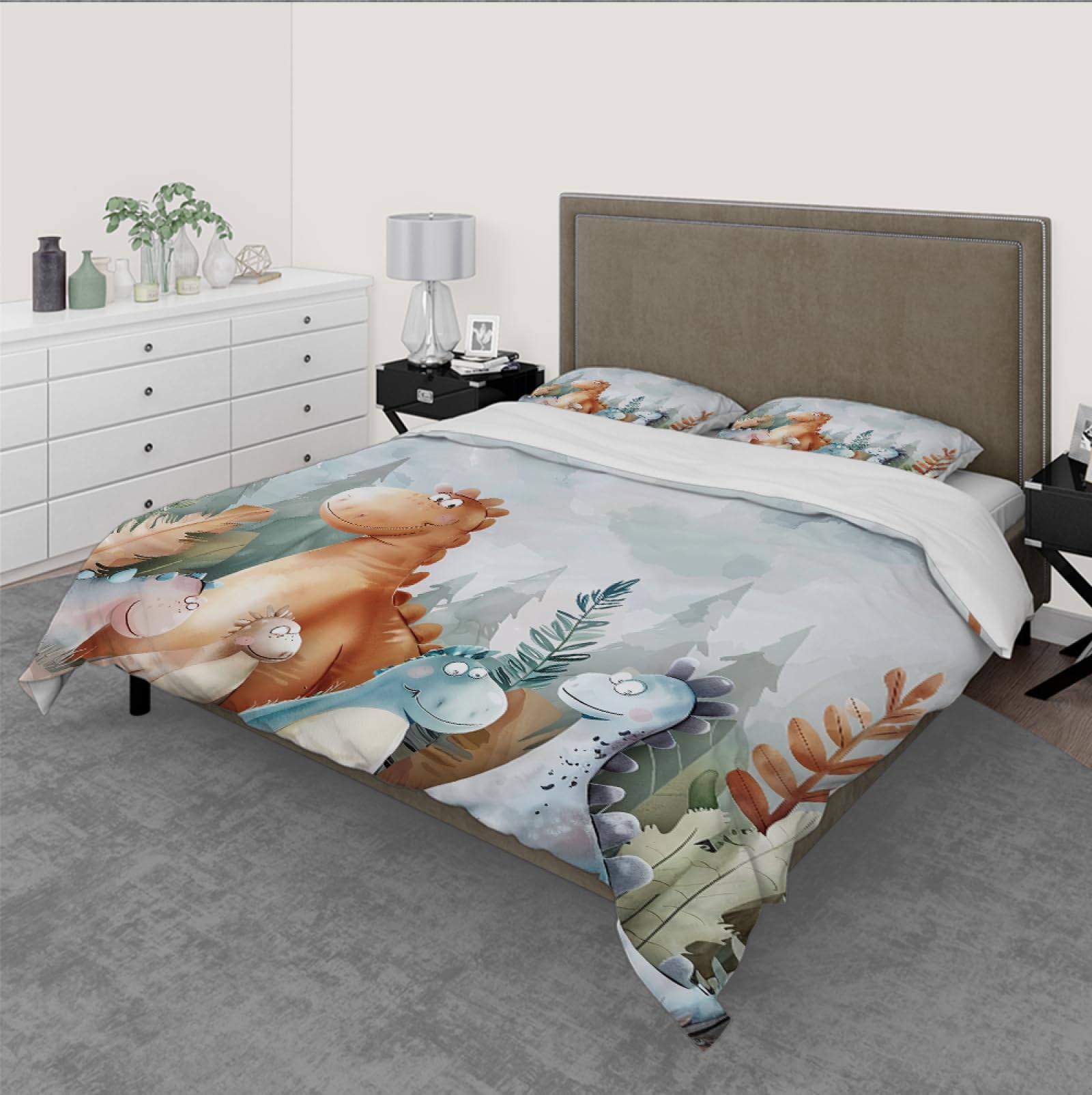 Cute Fat Dinosaur Print Microfiber Duvet Cover Set - 3PCS (1 Comforter Cover + 2 Pillow Shams) - Twin Size Cartoon Animals Bedding - Perfect for Kids' Rooms & Dinosaur Themed Bedrooms