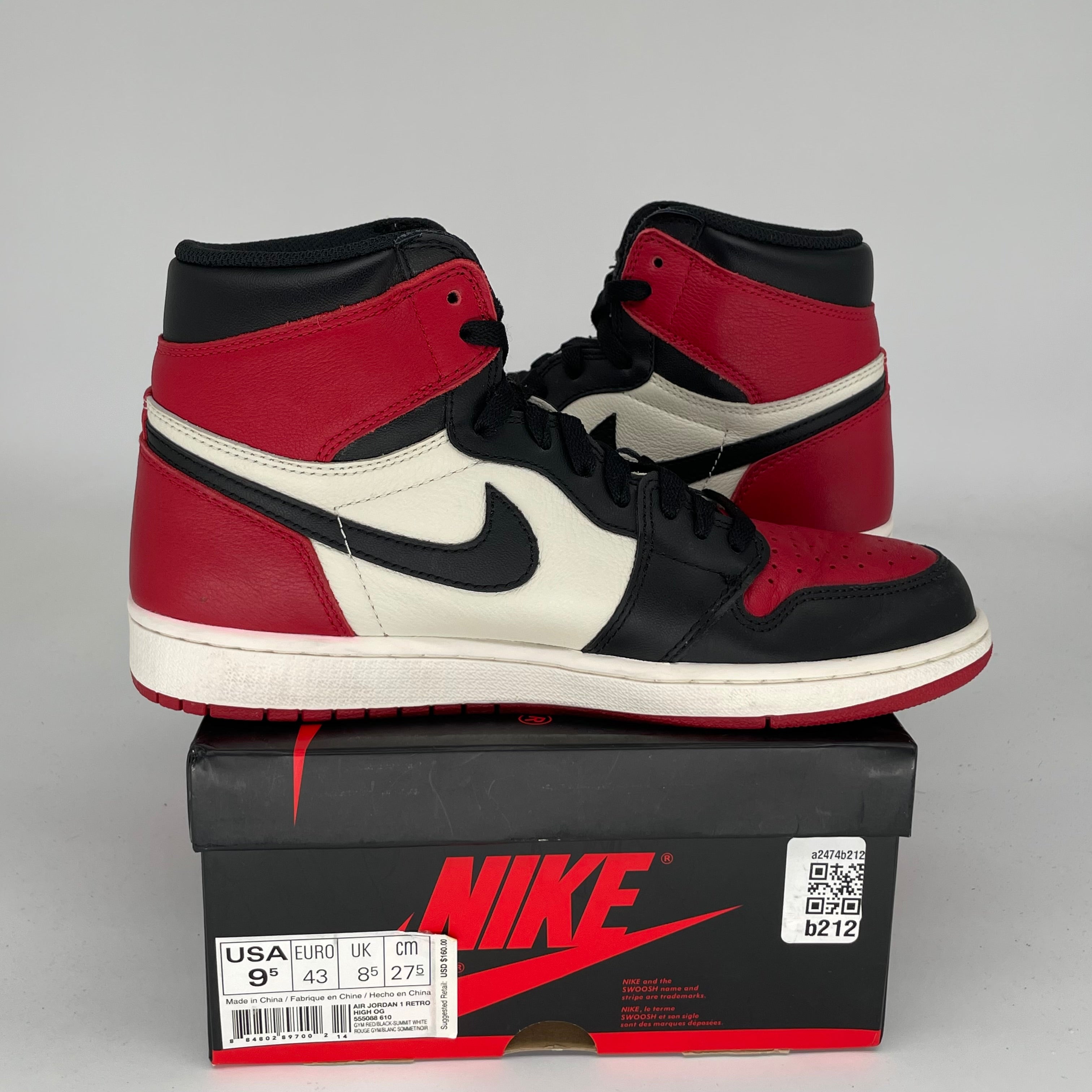 AIR JORDAN 1 BRED TOE Men's Basketball Shoes Size 9.5 - Style 555088-610 | Authentic Retro High Tops for Sneaker Collectors & Streetwear Fashion - Perfect for Basketball, Casual Wear & Sneakerhead Collections