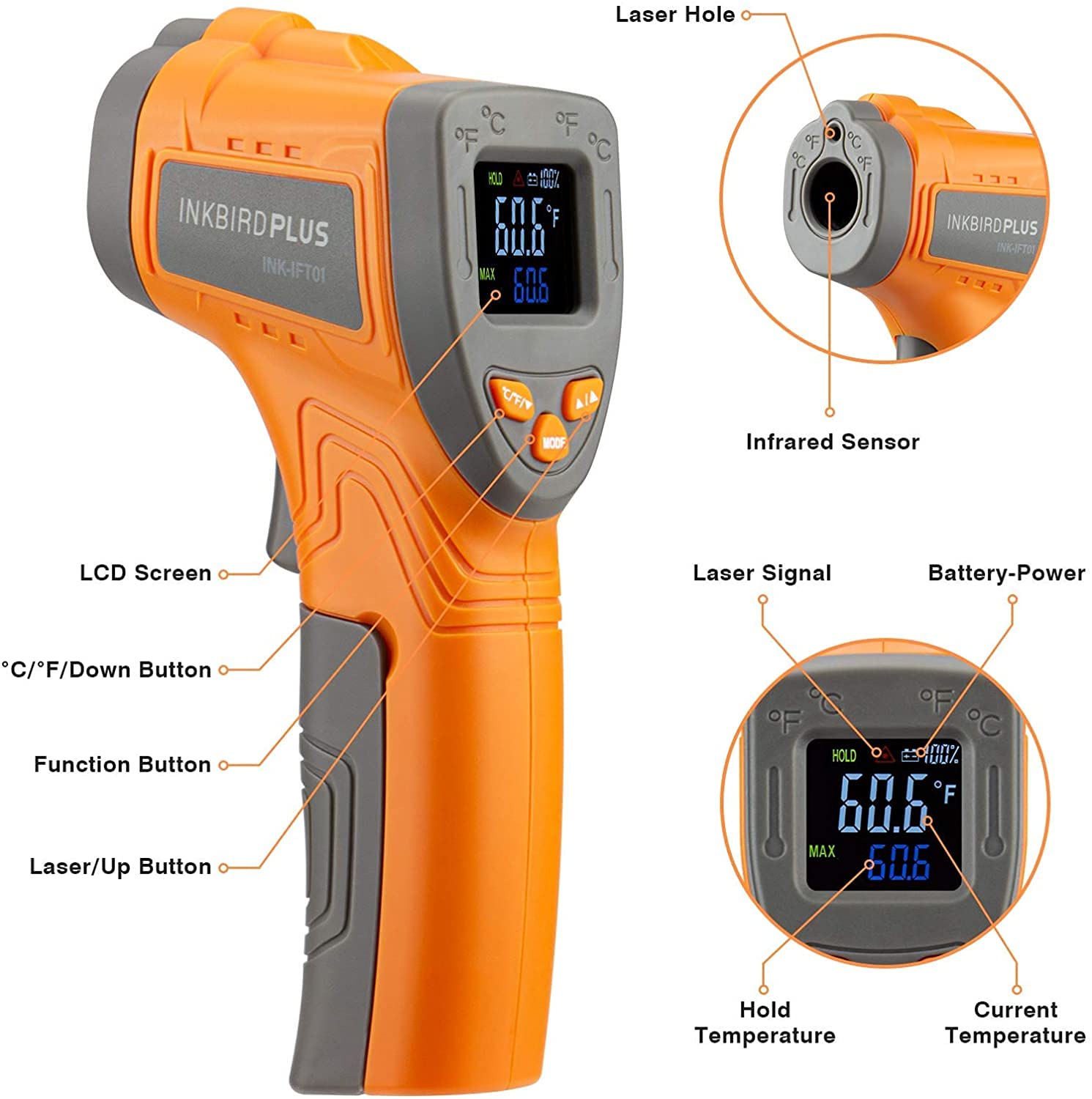 INKBIRD IFT01 Infrared Thermometer Gun with Laser Pointer -58°F to 1022°F (-50°C to 550°C) & IHT-1P Instant Read Digital Meat Thermometer - Dual Function for Cooking, BBQ, Pizza, Oven, HVAC, Automotive and Industrial Use