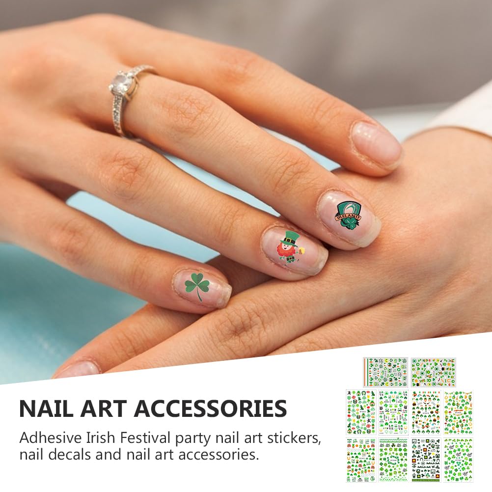 Uonlytech 10 Sheets St. Patrick's Day Nail Stickers - Green Nail Art Decals, Self-Adhesive Nail Tips for Manicure, Women & Kids (Perfect for DIY Nail Art, Parties & Festive Celebrations)