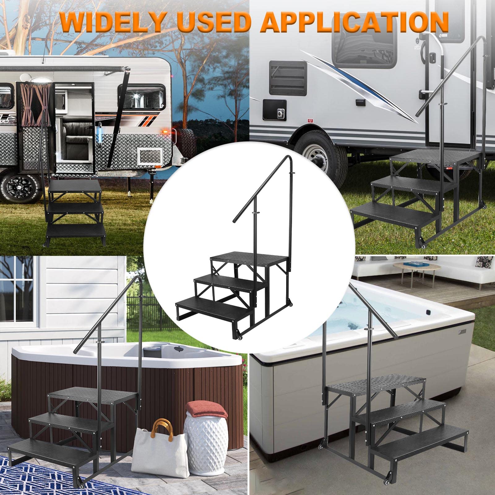 3 Step RV Stairs with Handrail - Adjustable Height, Non-Slip Tread & Wheels - Portable Steps for RV, Hot Tub, Camper, Trailer - Outdoor Use for Easy Access & Safety
