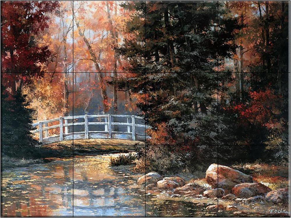 Ceramic Backsplash Tile Mural - Woodland Footbridge Landscape Design for Kitchen, Bathroom & Shower Walls - Artistic Home Decor by T.C. Chiu - Perfect for Rustic, Nature-Inspired Interiors