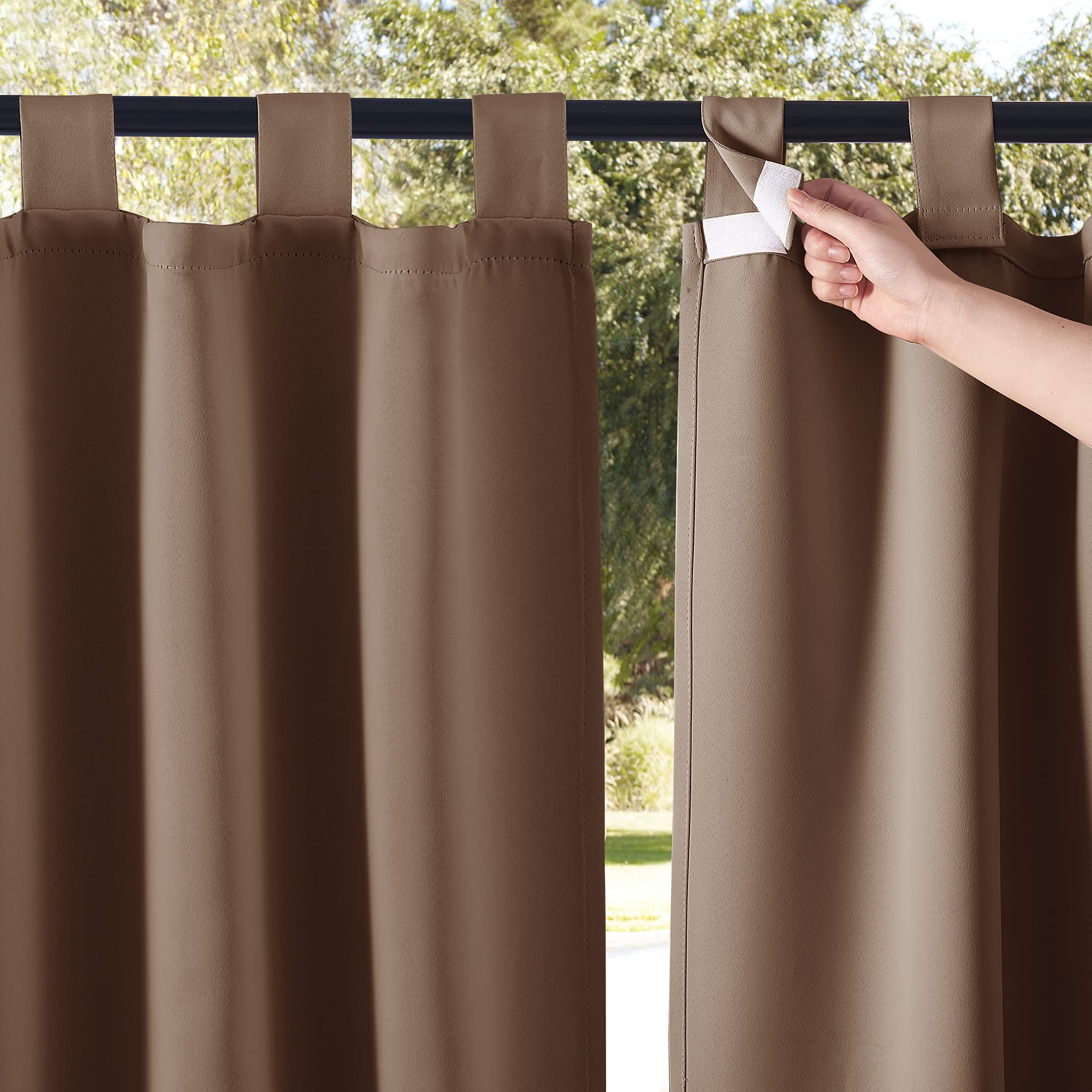 NICETOWN Waterproof Outdoor Porch Curtains - Set of 2 Blackout Patio Curtains with Self-Stick Tab Top, 52x84 Inches Tan - Perfect for Pergola, Patio Privacy & Sun Protection, Great for Outdoor Living Spaces & Backyard Relaxation
