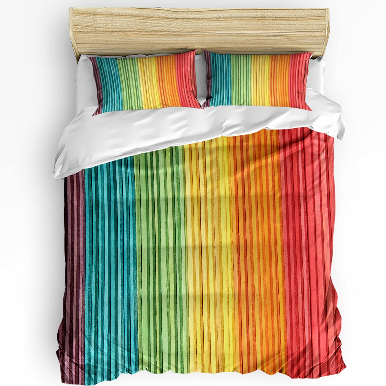 HELLOWINK 3-Piece Full Size Duvet Cover Set - Rustic Rainbow Wood Print Comforter with 2 Pillow Shams | Lightweight Soft Bedding for Cozy Sleep | Perfect for Guest Rooms, Kids' Bedrooms & Bohemian Home Decor