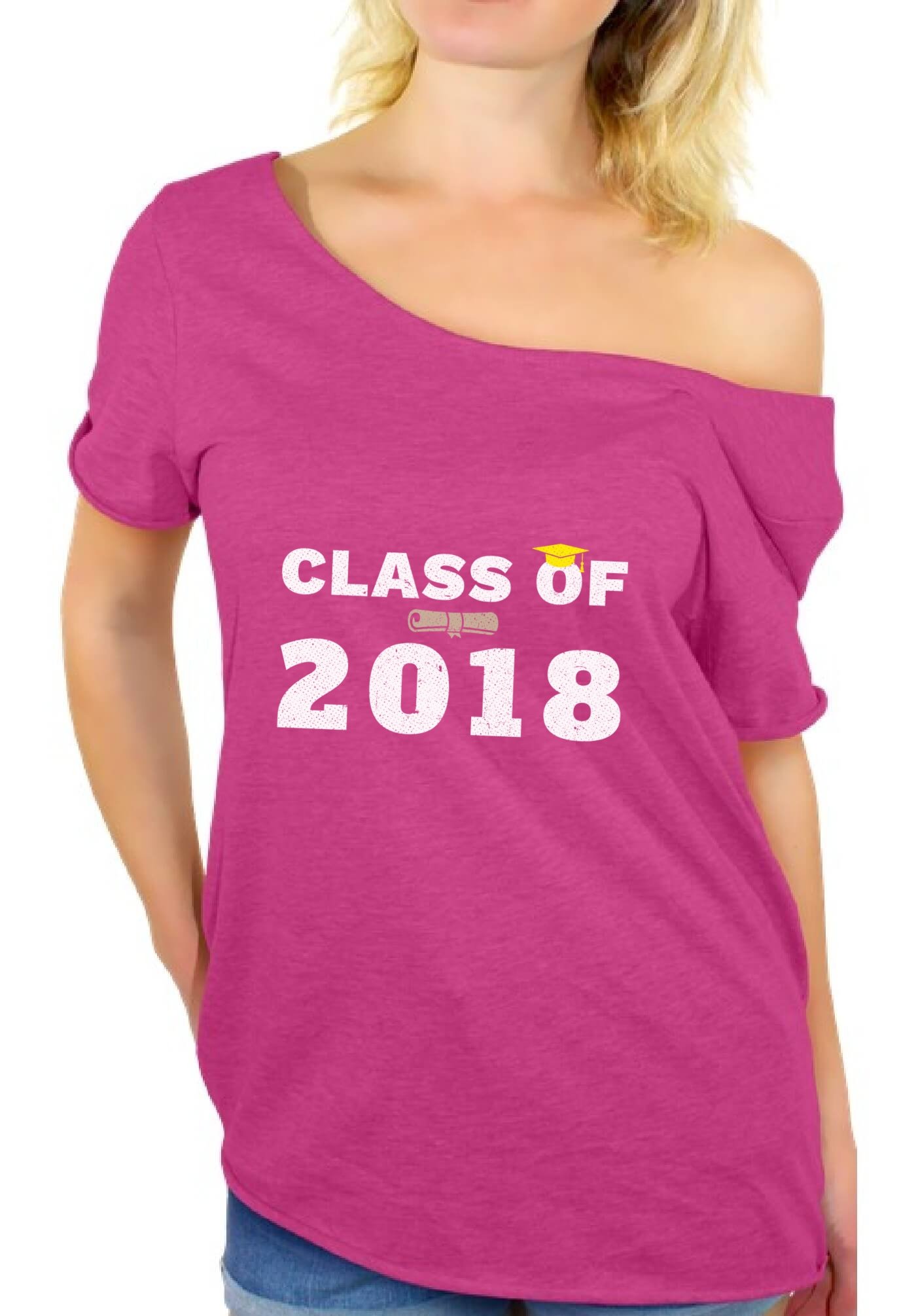 Awkward Styles Women's Class of 2018 Off Shoulder T-Shirt - Graduation Party Outfit & Gift for Her - Perfect for Senior Week, Grad Photos & College Celebrations