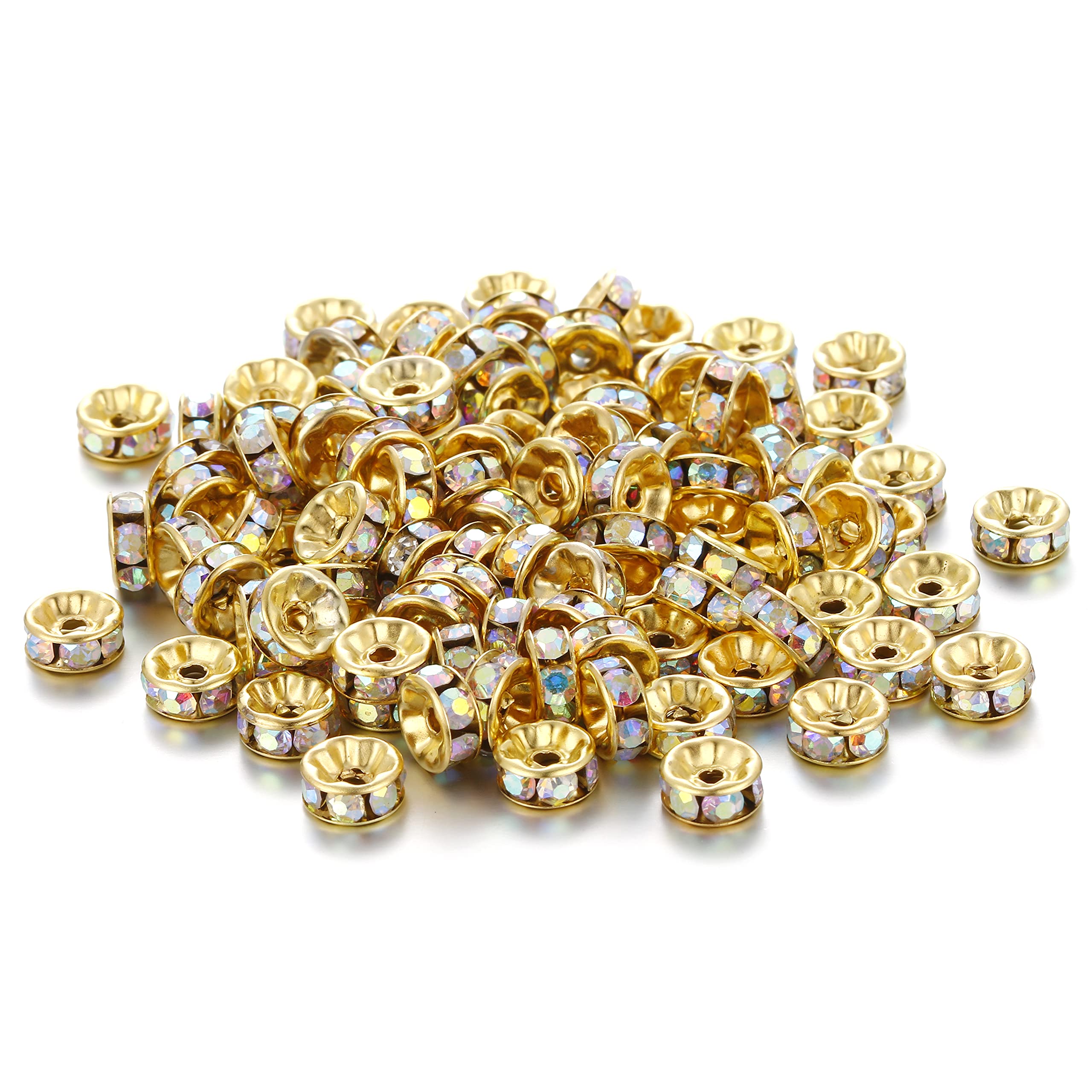 200PCS 8MM Gold Plated Round Rondelle Spacer Beads - Colorful AB Crystal Rhinestone Loose Beads for Jewelry Making, DIY Necklaces, Bracelets, Earrings (AB Crystal-Gold, 8MM) - Perfect for Wedding, Party & Gift Jewelry Crafting