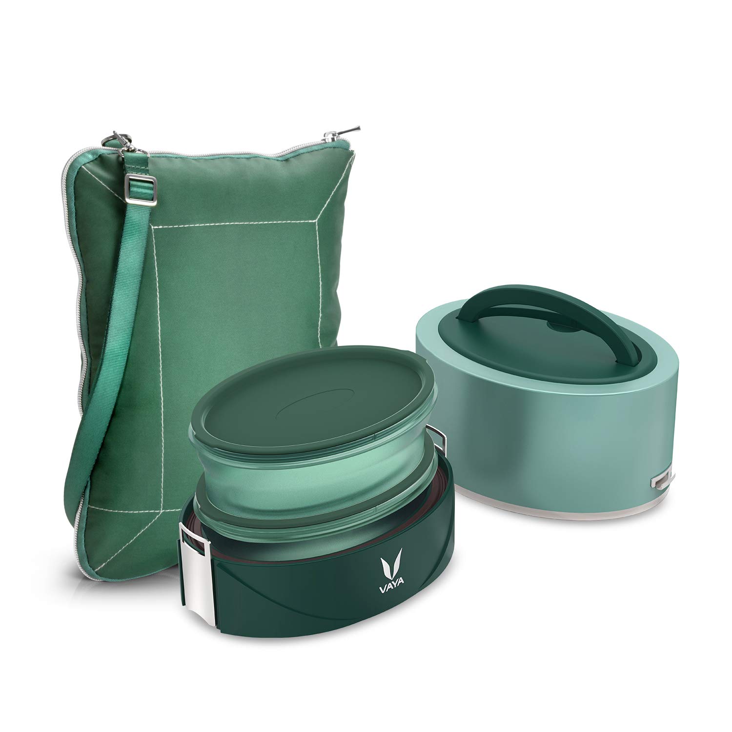 Vaya Tyffyn Flex 600 - Stainless Steel Insulated Tiffin Box with Microwave Safe BPA-Free Plastic Lunch Containers | Includes Shoulder Bag, Table Mat & Cutlery Pouch | Perfect for School, Office, Kids & Adults | 2-Piece Eco-Friendly Meal Prep Set (Green) | Ideal for Lunch on the Go, Picnics & Outdoor Activities