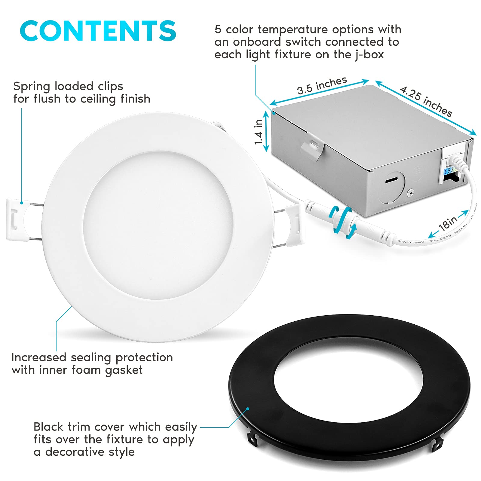 LUXRITE 4 Inch Ultra Thin LED Recessed Light with Junction Box - 10W Dimmable Wafer Lights, 5 Color Temperatures (2700K-5000K), 750 Lumens, Black Trim, Energy Star & IC Rated (4 Pack) - Perfect for Kitchen, Bathroom, Living Room & Bedroom Lighting