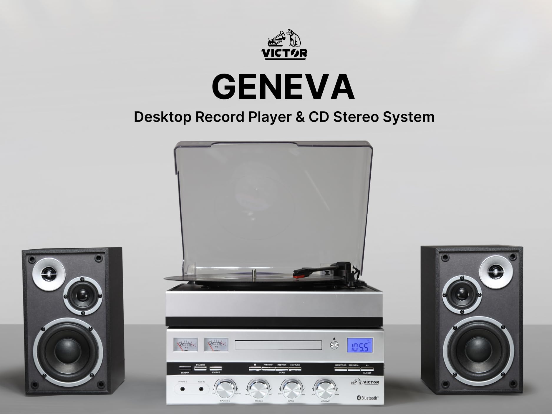 Victor VDTS-5400 Geneva 5-in-1 Bluetooth Music Center with CD Player, FM Radio, USB/Aux Playback & Detachable Speakers - Wireless Home Audio System for Living Room, Bedroom & Office Entertainment