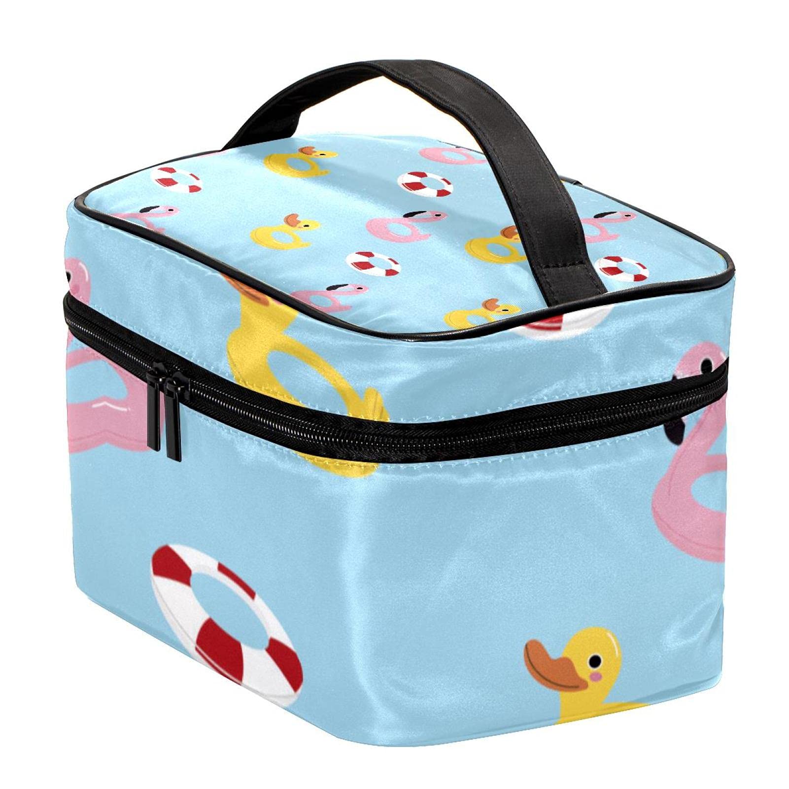**Cartoon Flamingo Duck Swimming Ring - Large Travel Makeup Bag with Zipper, Cosmetic Case Organizer for Women & Girls - Perfect for Beach, Pool, and Travel Toiletry Storage**
